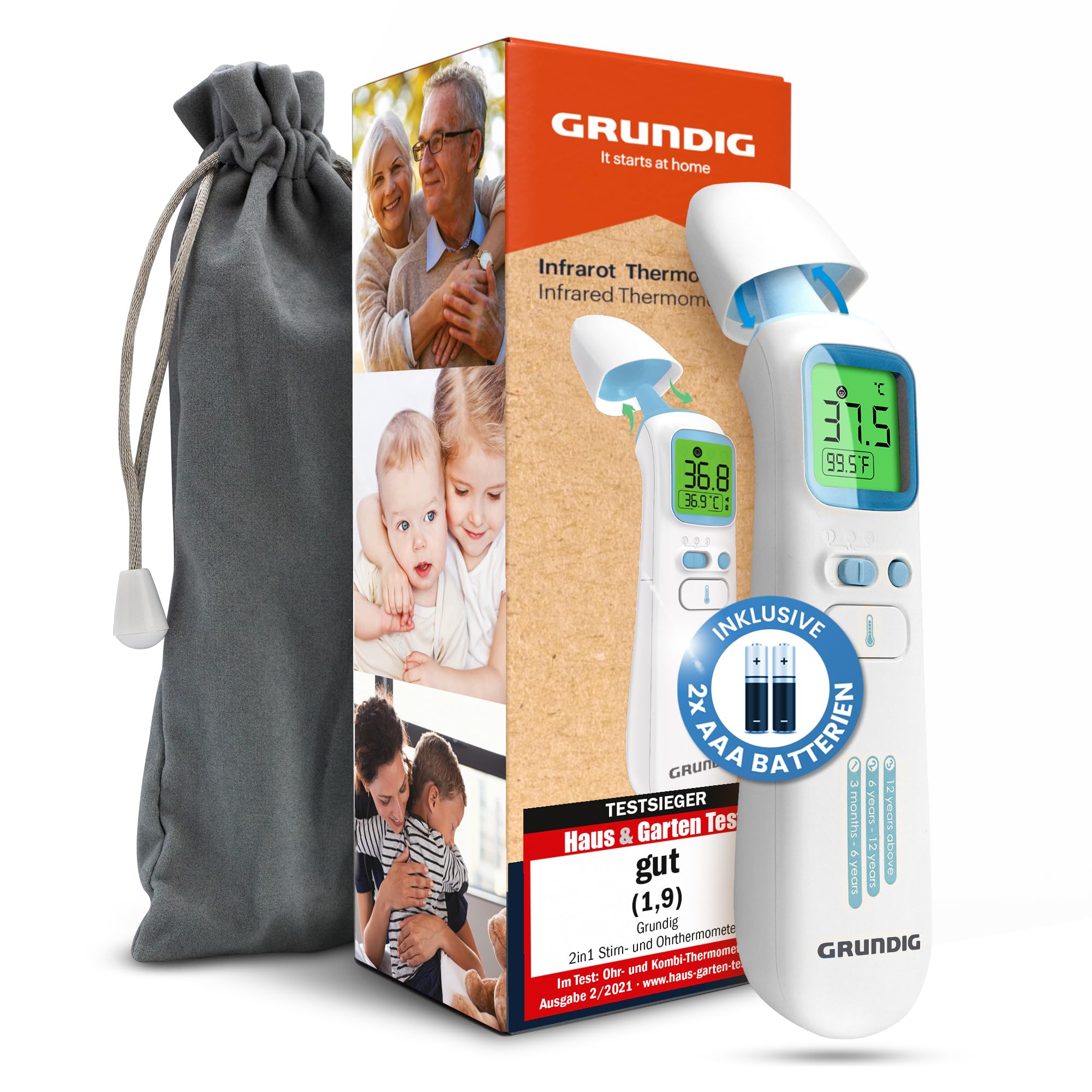 GRUNDIG Fieberthermometer Testsieger - ohne Folgekosten - Thermometer für Baby Kinder Erwachsene - hochpräzise kontaktlos und digital Fieber an Ohr Stirn und Objekten (inkl. Batterien)