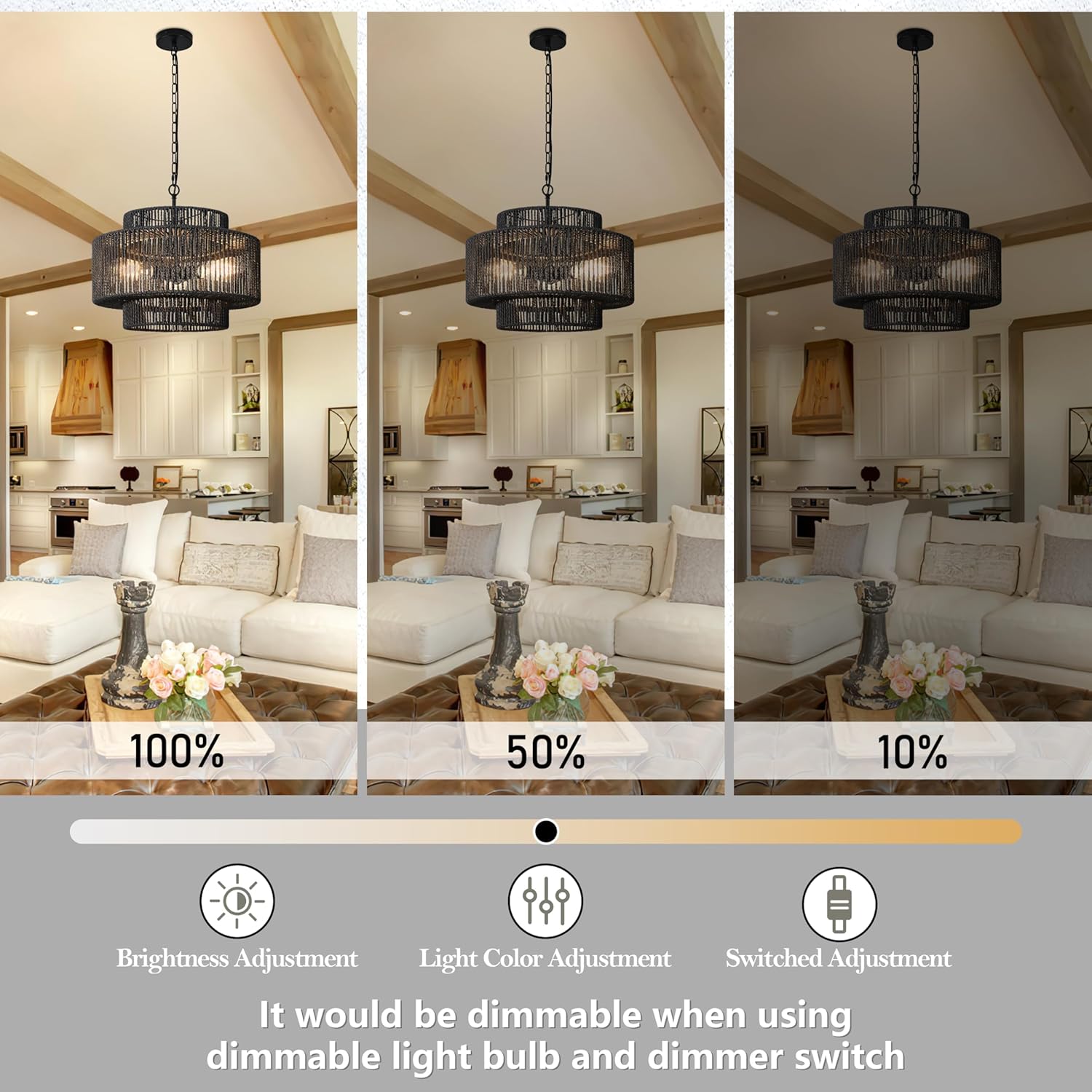 18" Rattan Pendant Lights Black Hand-Woven Rattan Chandelier 3-Light Woven Pendant Light 3-Tier Wicker Pendant Lights Rustic Light Fixtures Boho Chandelier for Dining Room Kitchen Island
