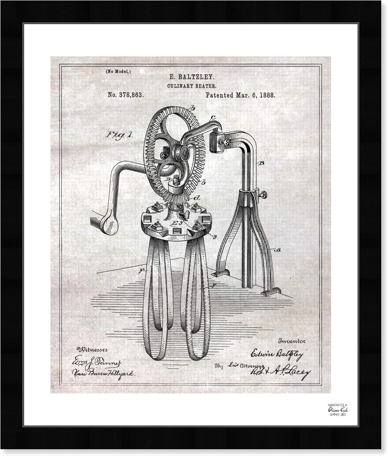 The Oliver Gal Artist Co. Vintage Kitchen Food Wall Art Prints 'Culinary Beater 1888' Framed Blueprints Home Décor, 26" x 32", Black, White