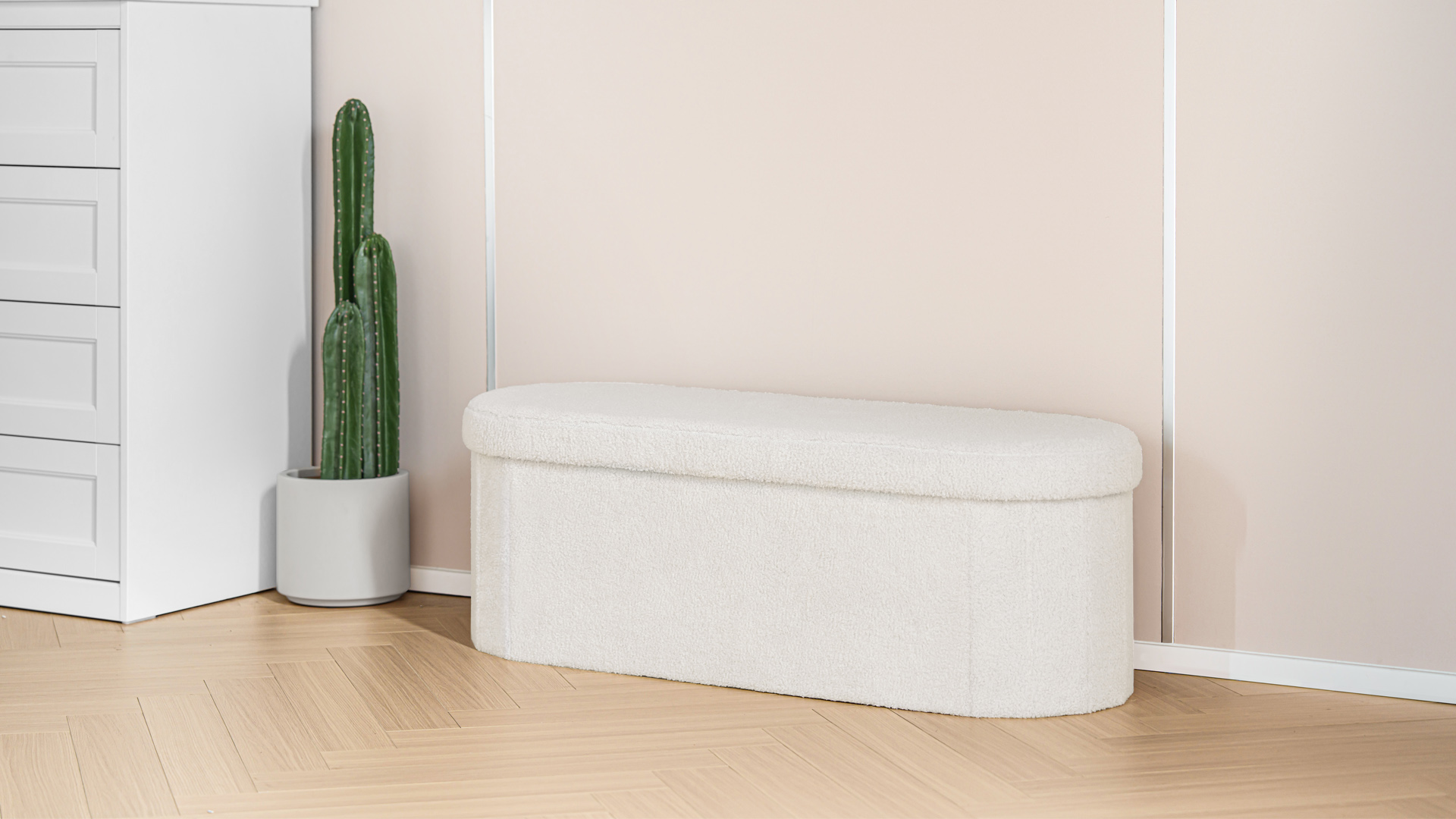 Bonlife Folding Ottoman Storage Bench,Boucle Footstool Oval, End Of Bed Stool, Ideal For Living Room, Bedroom, 100L Storage Space,Grey,110x38x38cm