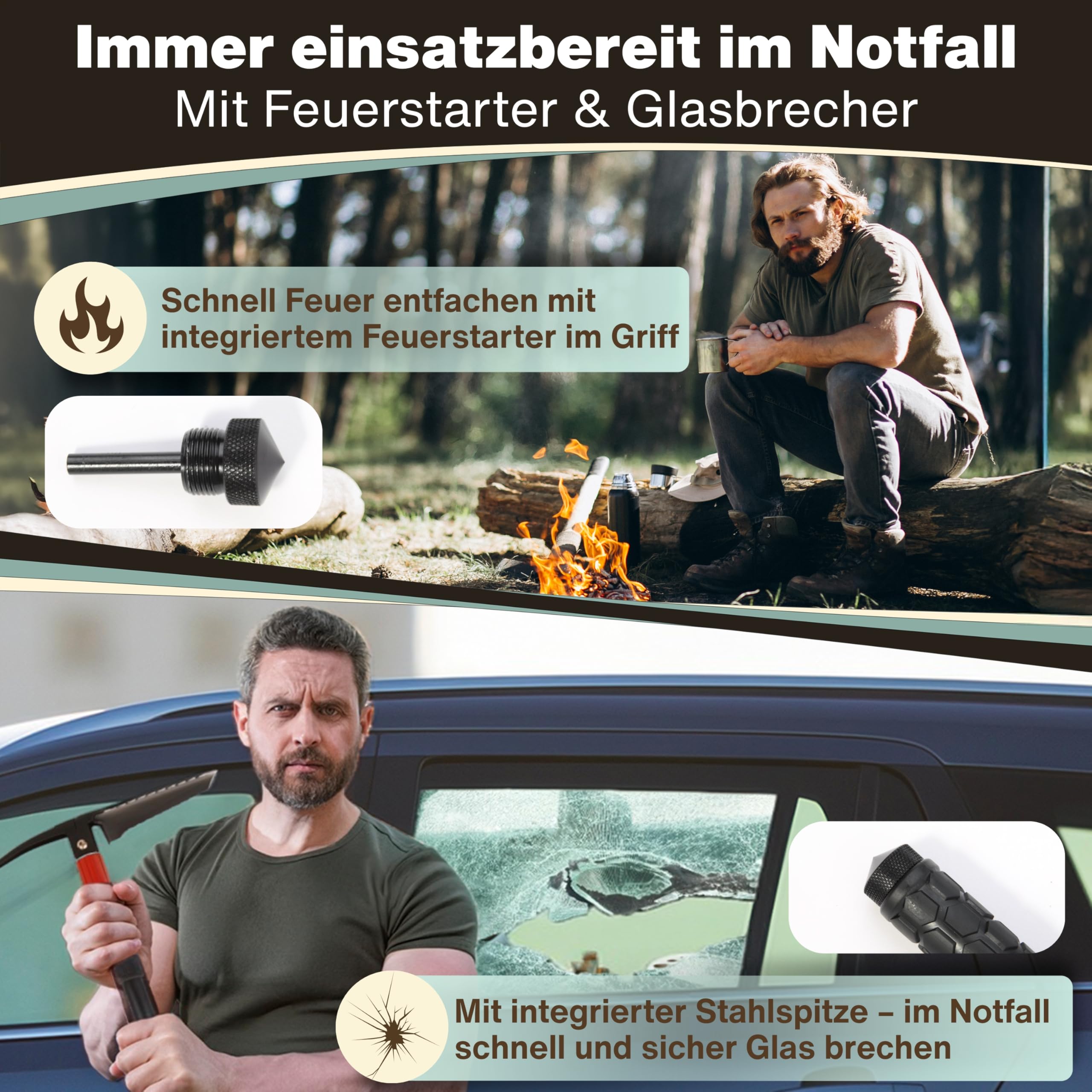 Pala plegable 9 en 1 – Pala plegable de supervivencia con sierra de raíz, acero para fuego y bolsa – Herramienta compacta al aire libre – Regalos para hombres, ideal para camping, bushcraft y