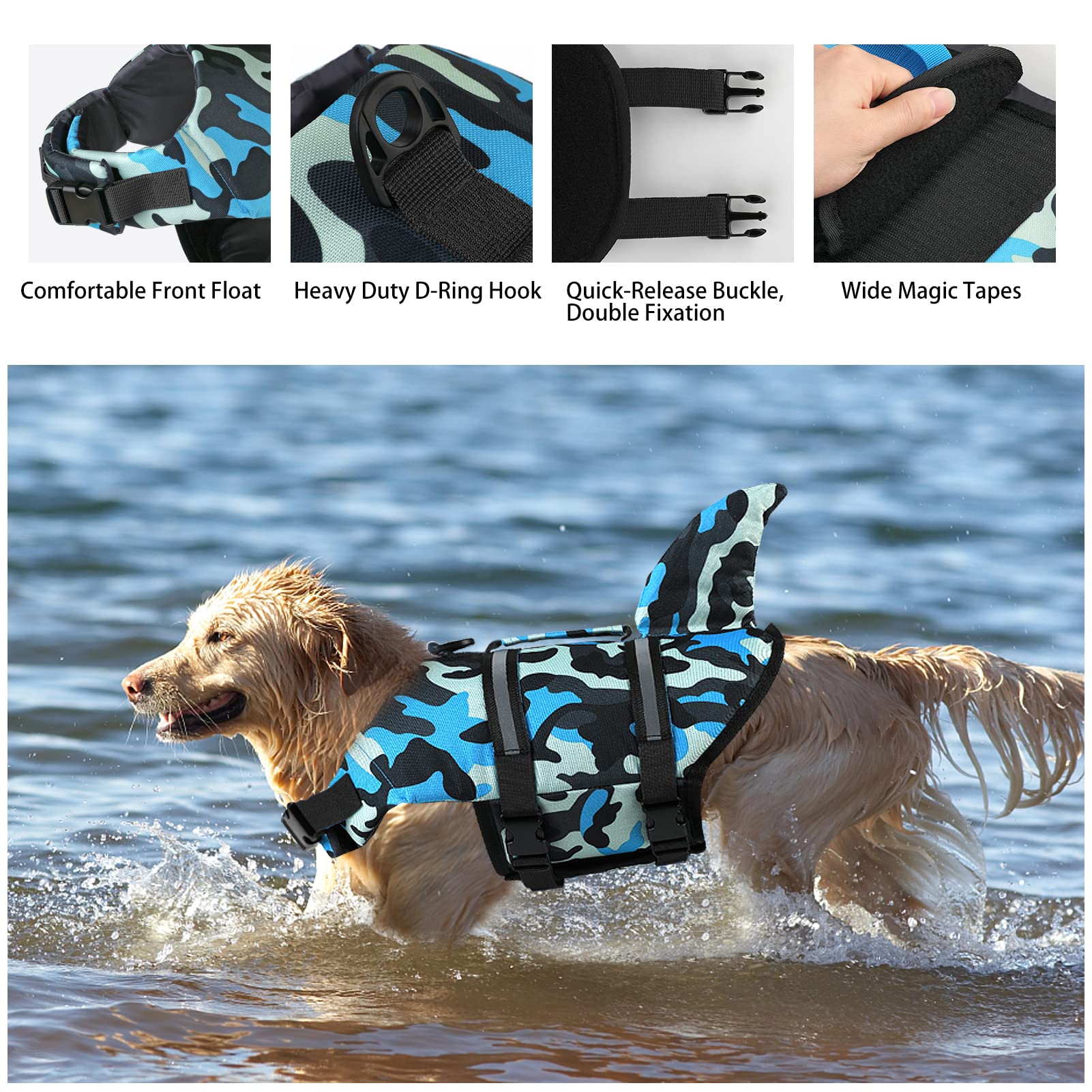 Dogcheer Gilet de sauvetage pour chien requin - Gilet de sauvetage réglable avec poignée de sauvetage - Pour chiens de petite, moyenne et grande taille