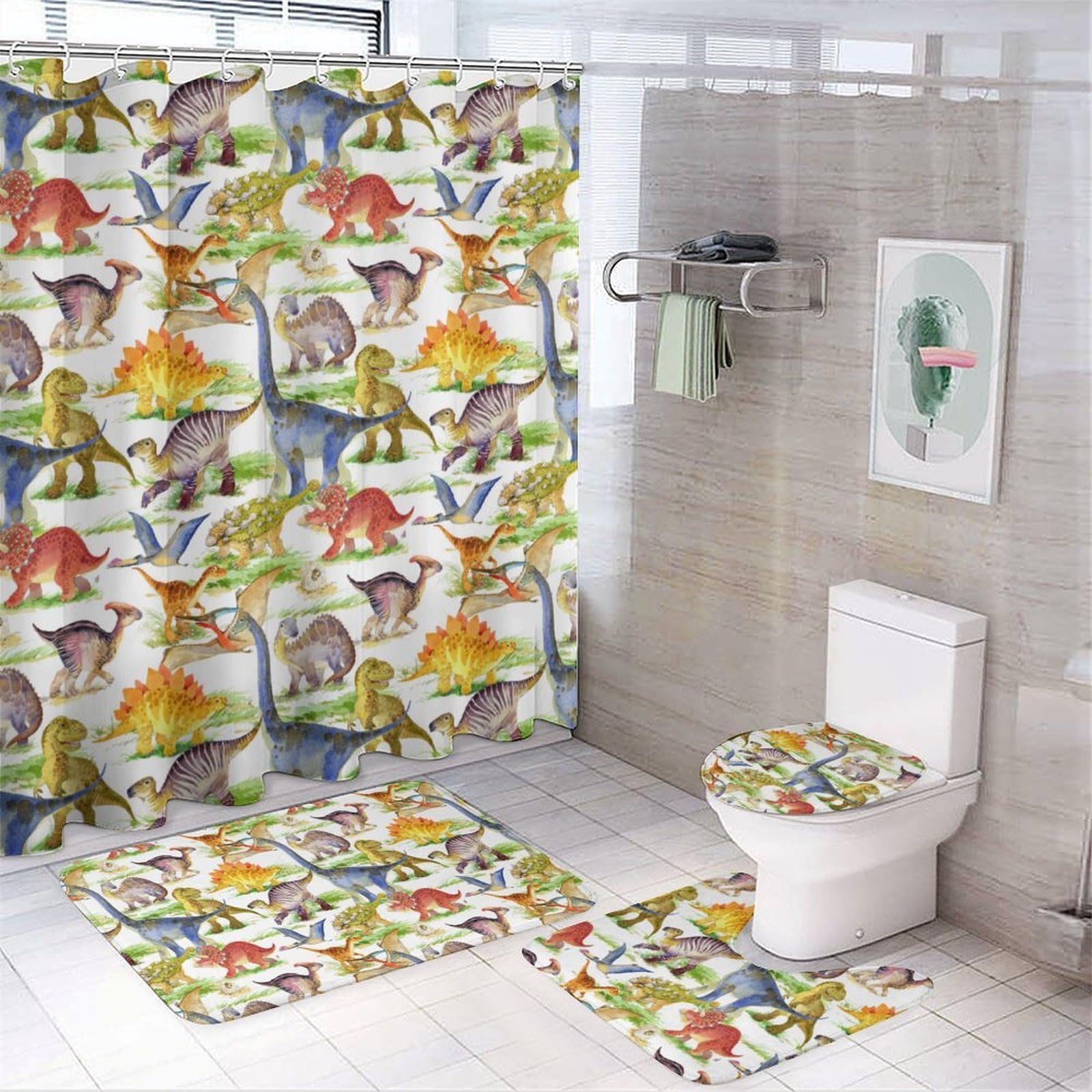 JZemdybill Bathroom Mat Set 4 Piece, Dinosaur Dragon Shower Curtain with Non-Slip Bath Mats for Bathroom