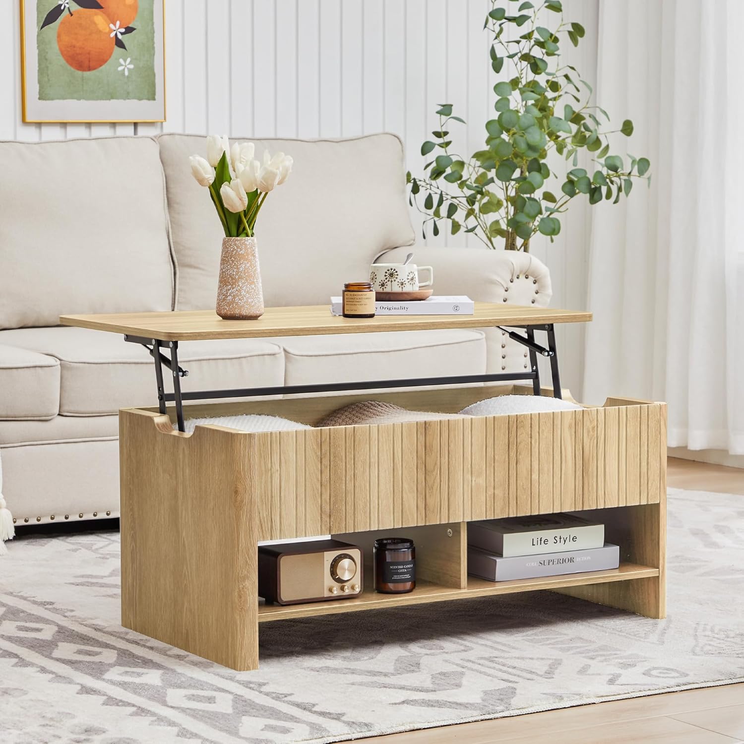 BERRYMERRY Wood Lift Top Coffee Table with Hidden Storage & Open Shelf, Mid Century Modern Fluted Rectangle Center Table Gaming Table for Living Room Office (Light Wood)