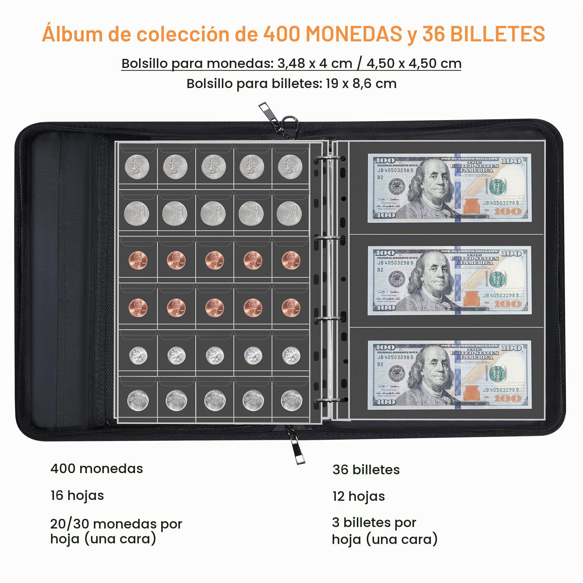 Hontom Álbum de colección de monedas para coleccionistas con cerradura, 400 bolsillos ignífugos para monedas y 36 fundas de papel, organizador de almacenamiento de monedas para centavos, billetes