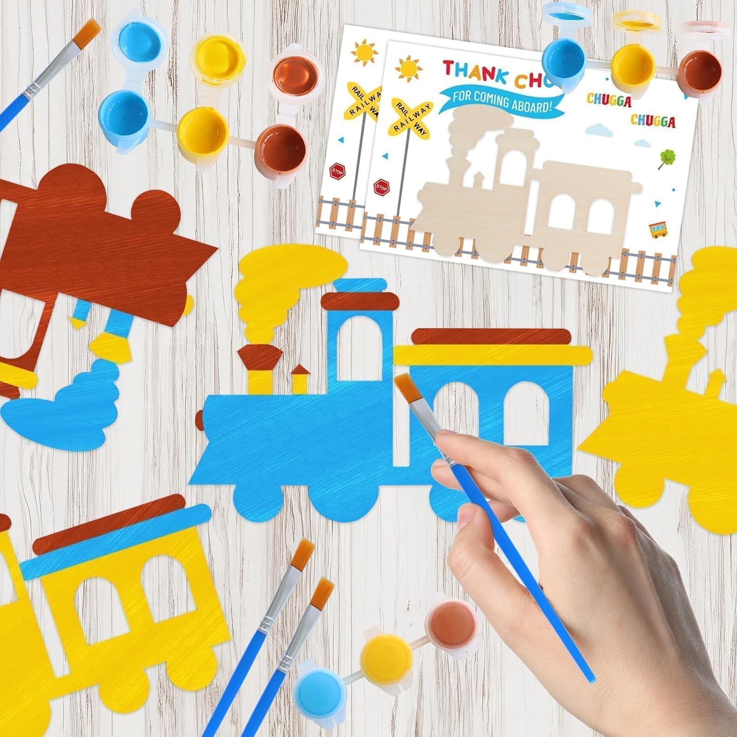 12 Pack Pre-Packaged Train Party Favors, Wooden Train Cutouts with Magnets & Painting Kits for Kids, Choo Choo Birthday Decorations & Thank You Gifts for Guests - Image 3