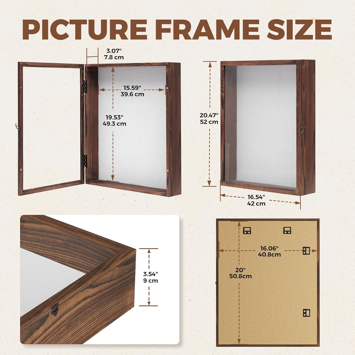 Muzilife Extra Large 16x20 Shadow Box Frame, 3.54" Deep Display Case with Linen Back & Natural Wood Frame, 8 Pins for Jerseys, Flowers, Wedding Keepsakes, Kids' Mementos, Tickets & Photos, Honey Brown