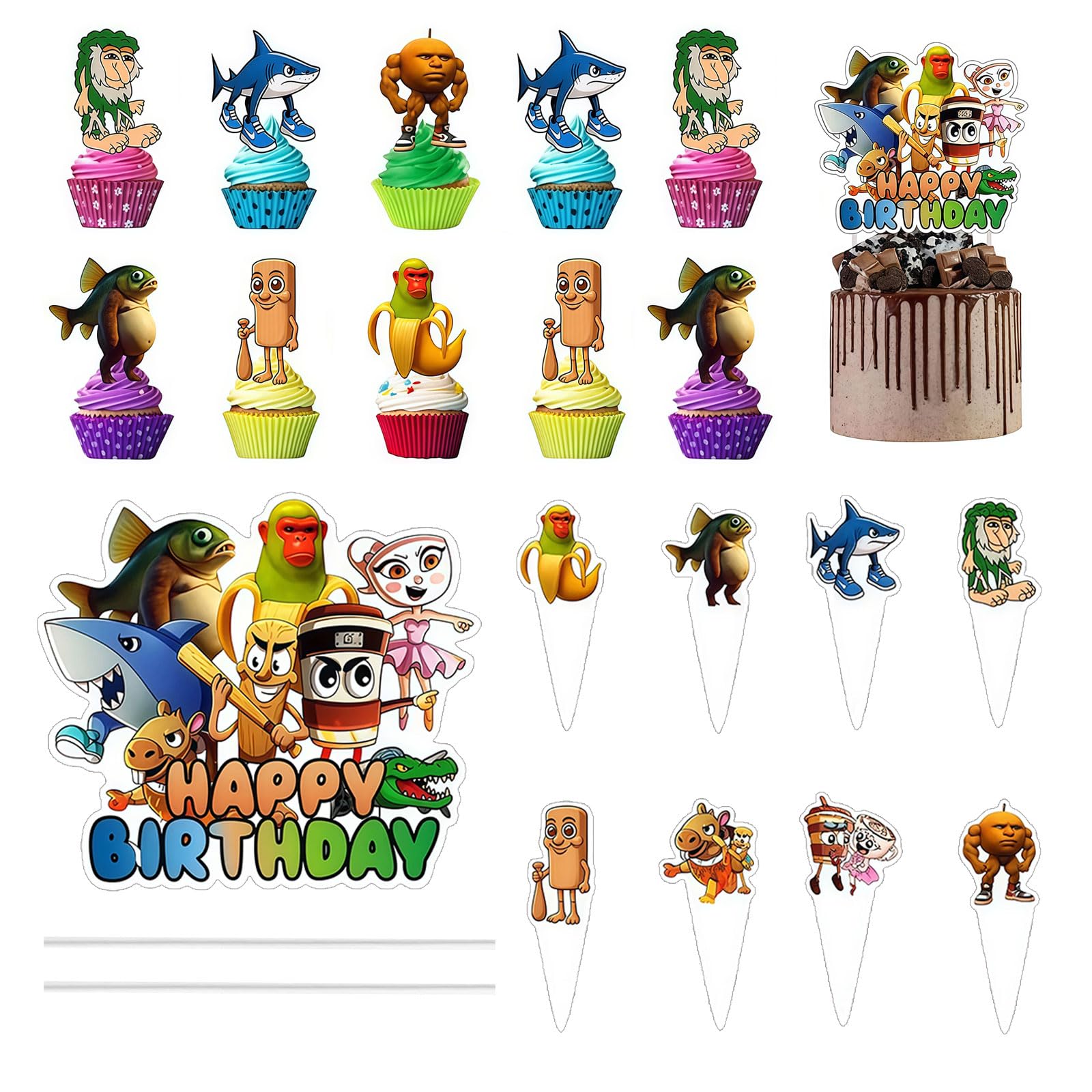 Xanthelle Italian Brainrot Cake Decoration, 25 Pieces of Brainrot Birthday Decor & Cards, Tung Tung Tung Sahur Figures for Birthday Party Cake Decoration