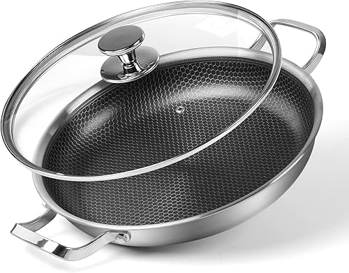 Sartén antiadherente de acero inoxidable de 12 pulgadas con mango de enfriamiento y tapa de vidrio para inducción, gas, cerámica y eléctricas