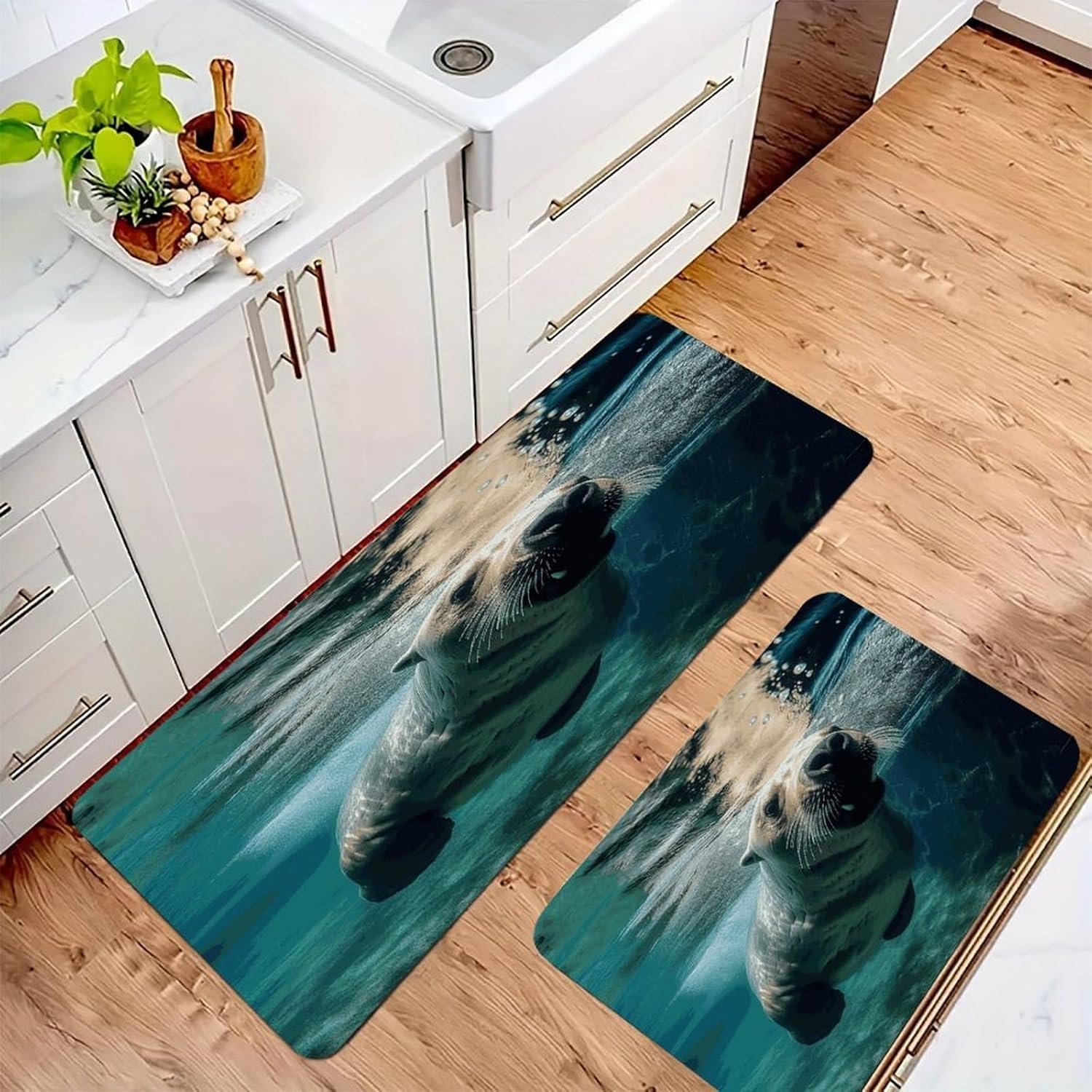 Funny Sea Lion Kitchen Mats with 2PCS Non-Slip Washable,Kitchen Rug Heavy Duty Durable, Floor Mats for Kitchen,Office,Sink,Laundry