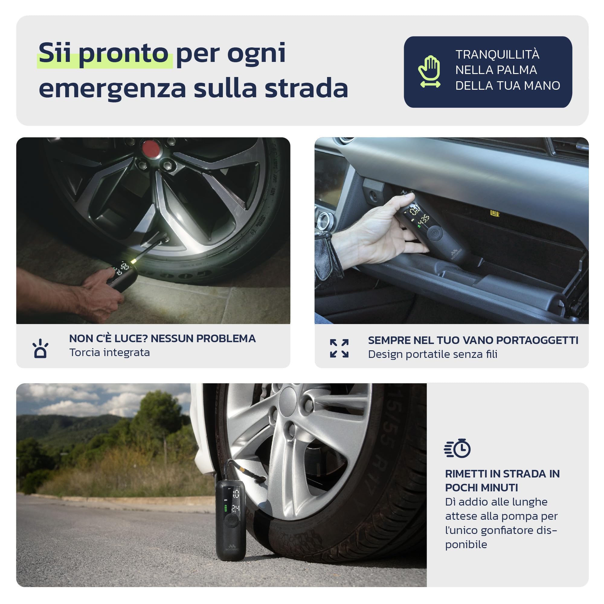 Woowind Compressore Aria Portatile, Pompa Per Bicicletta Elettrica Gonfiaggio in 1 Minuto, 150PSI Gonfia Gomme Auto, Biciclette, Moto e Palloni con Spegnimento Automatico, Schermo LCD, Luce LED