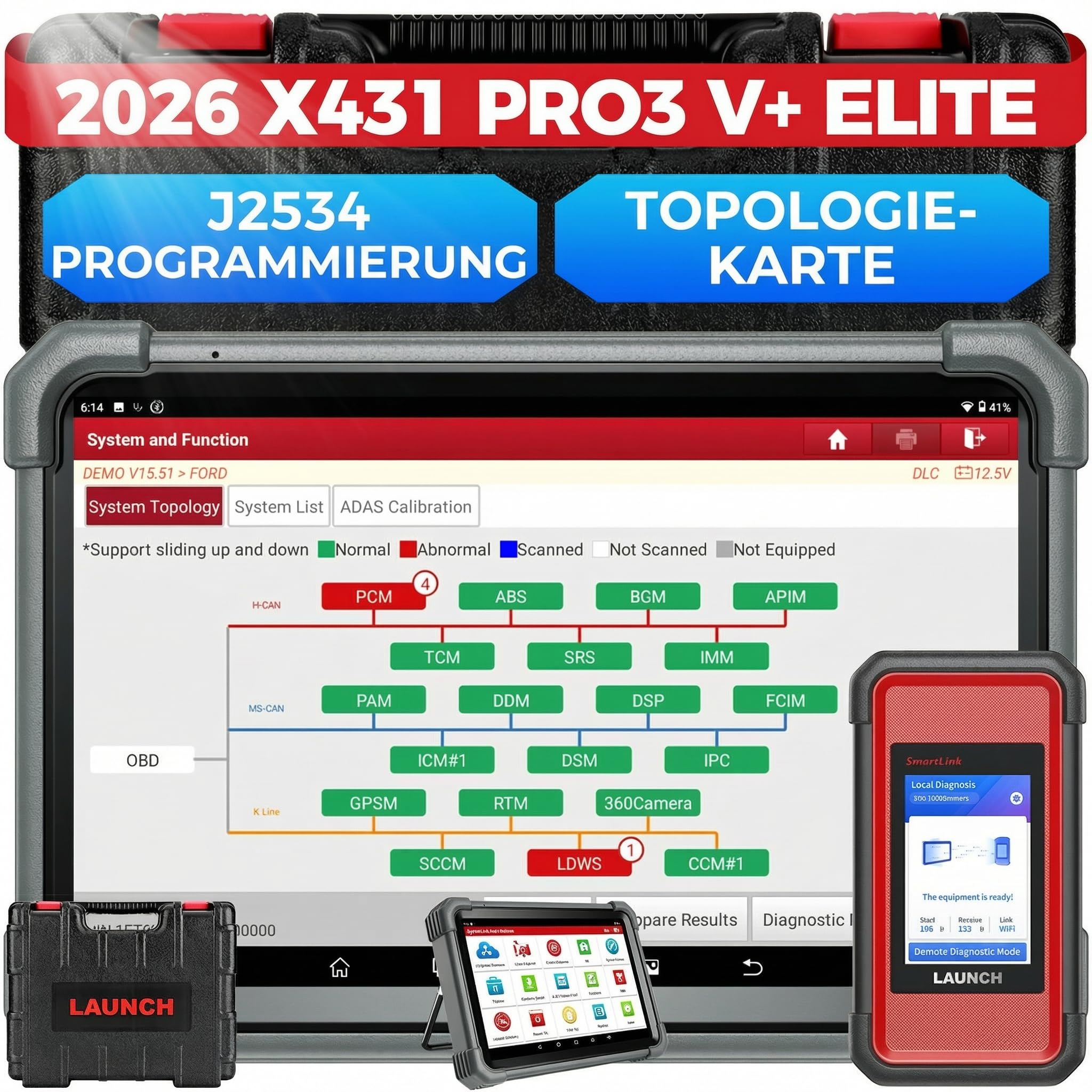 LAUNCH X431 PRO3 V+ Elite, Neu Smartlink C 2.0 Bidirektionales Scan-Tool mit J2534, HD-LKW-Scan, Topologiekarte, 60+ Service, Online-Codierungs, CANFD/DOIP/D-PDU, FCA, 2 Jahre Update(schwarz)