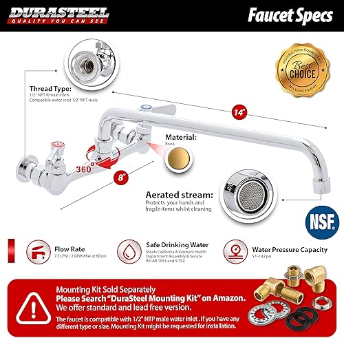 Miniatura 5 de DuraSteel Grifo de fregadero de cocina comercial, sin plomo, 8 pulgadas, para montaje en pared, con boquilla giratoria de 14 pulgadas, certificado