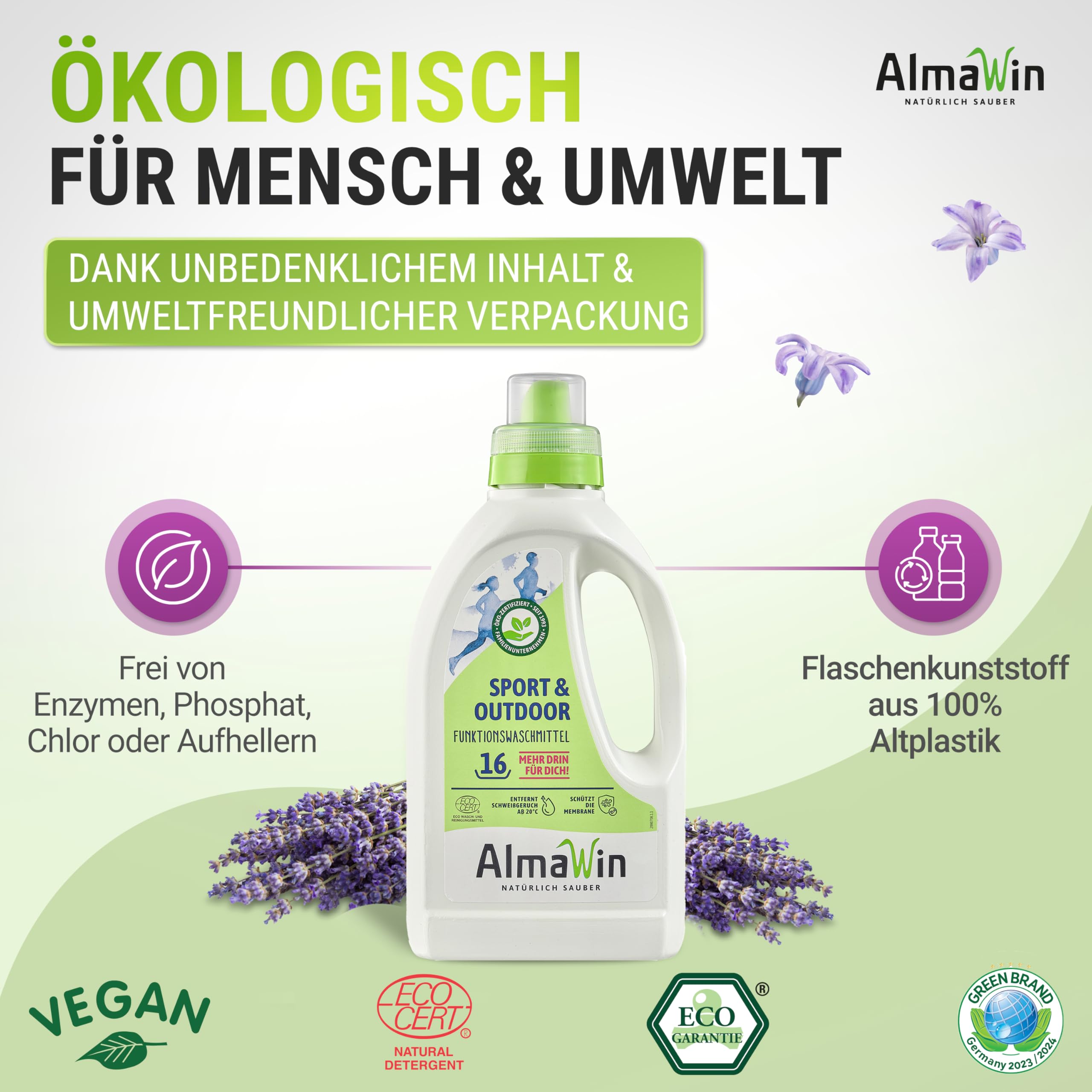 AlmaWin® Sportwaschmittel für Funktionskleidung [6x 750ml] entfernt effektiv Schweißgeruch - Membranfunktion-schützendes Funktionswaschmittel - Outdoor Waschmittel - Reisewaschmittel [20-40°C]