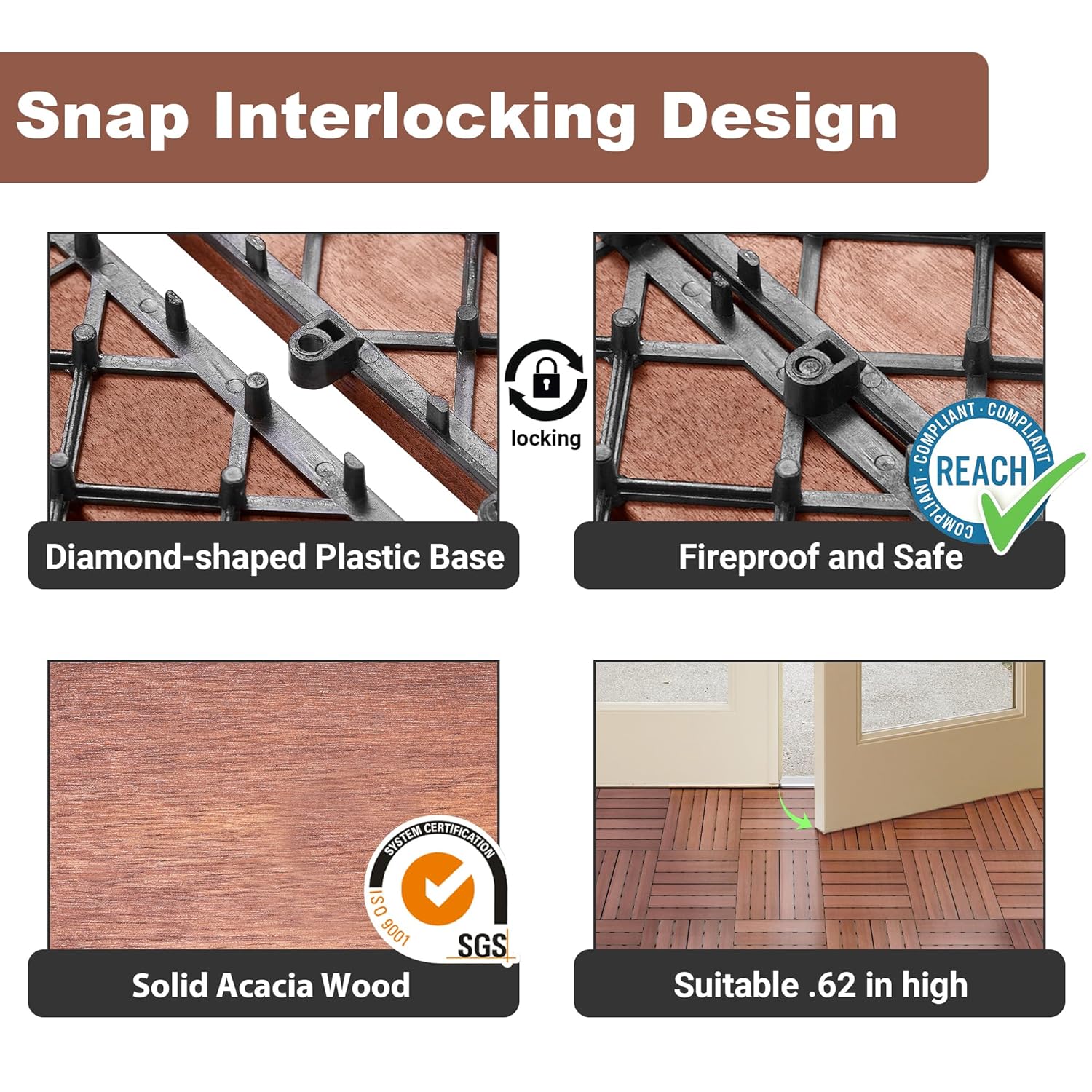 PrimeZone 27 PCS Solid Acacia Wood Interlocking Deck Tiles - 12" x 12" Waterproof Indoor Outdoor Patio Flooring Decking Tiles for Balcony, Backyard & Poolside, All Weather Use, Brown