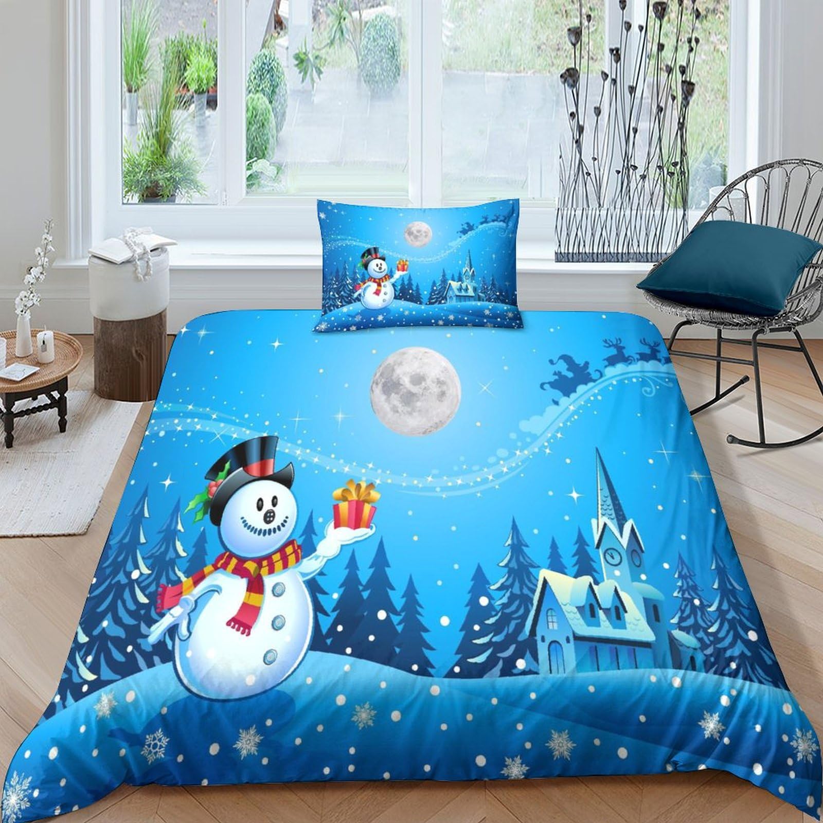 Housse de couette 3D bonhomme de neige et renne 135x200 cm avec taies