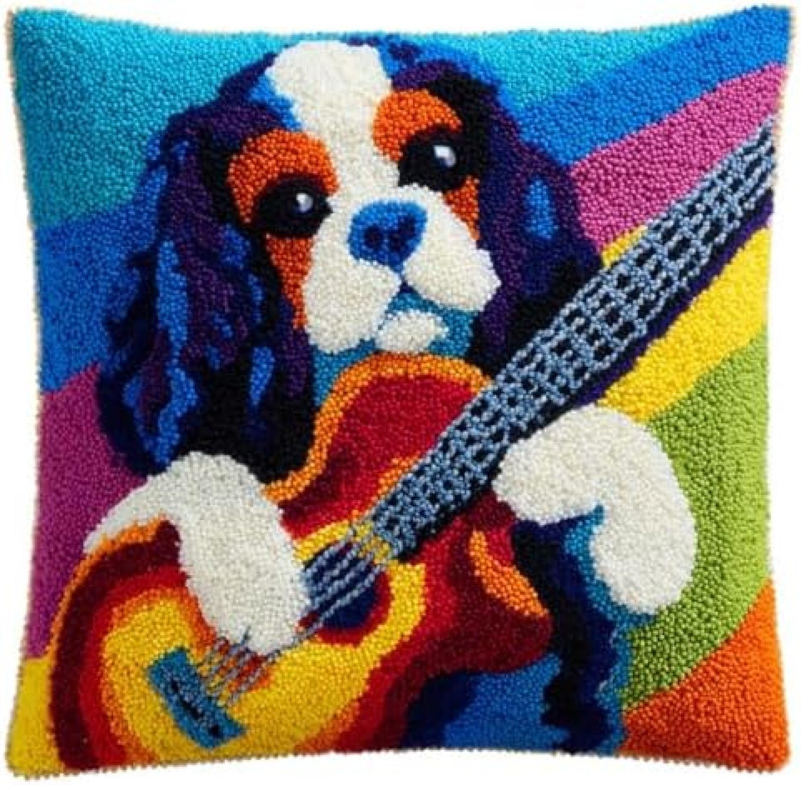 kitphoenix DIY Cushion Cover Latch Hook Kit,Cavalier King Charles Dog Playing Guitar,Adults Craft Hobby Set with Pre-Cut Yarn,Hook and Printed Canvas,43x43 cm
