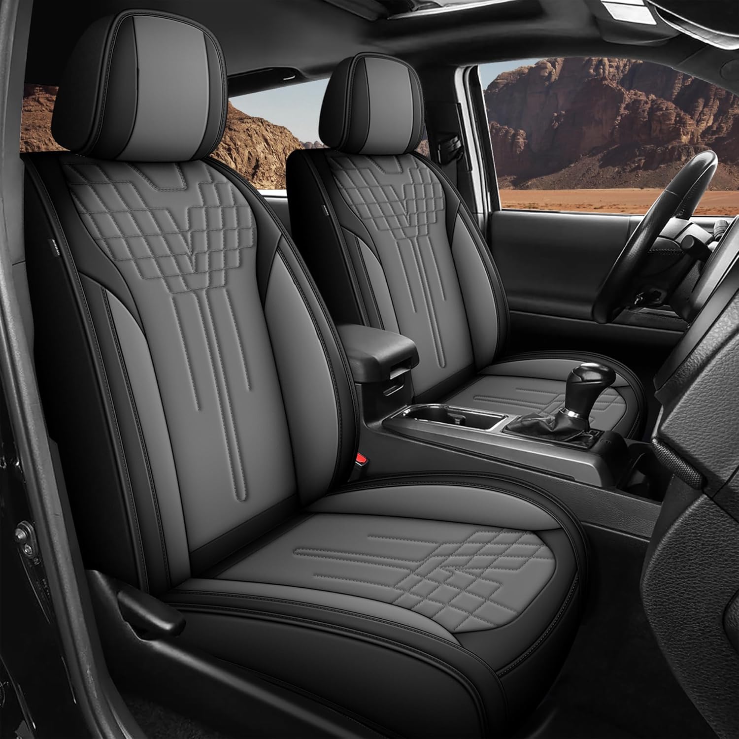 Toyota Tacoma 2024 2025 2026 Seat Covers Faux Leather Truck Seat Covers Full Set Pick-up Double Cab SR,SR5,TRD Sport,TRD Off-Road,Fully Covered Car Seat Protector(5 Seats, Black&Gray)