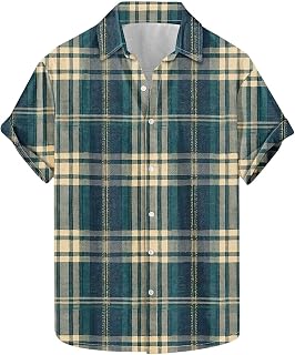 Men's Summer Casual Shirts Vintage Plaid Print Lapel Button Down Blouses Beach Vacation Short Sleeve Loose Tops