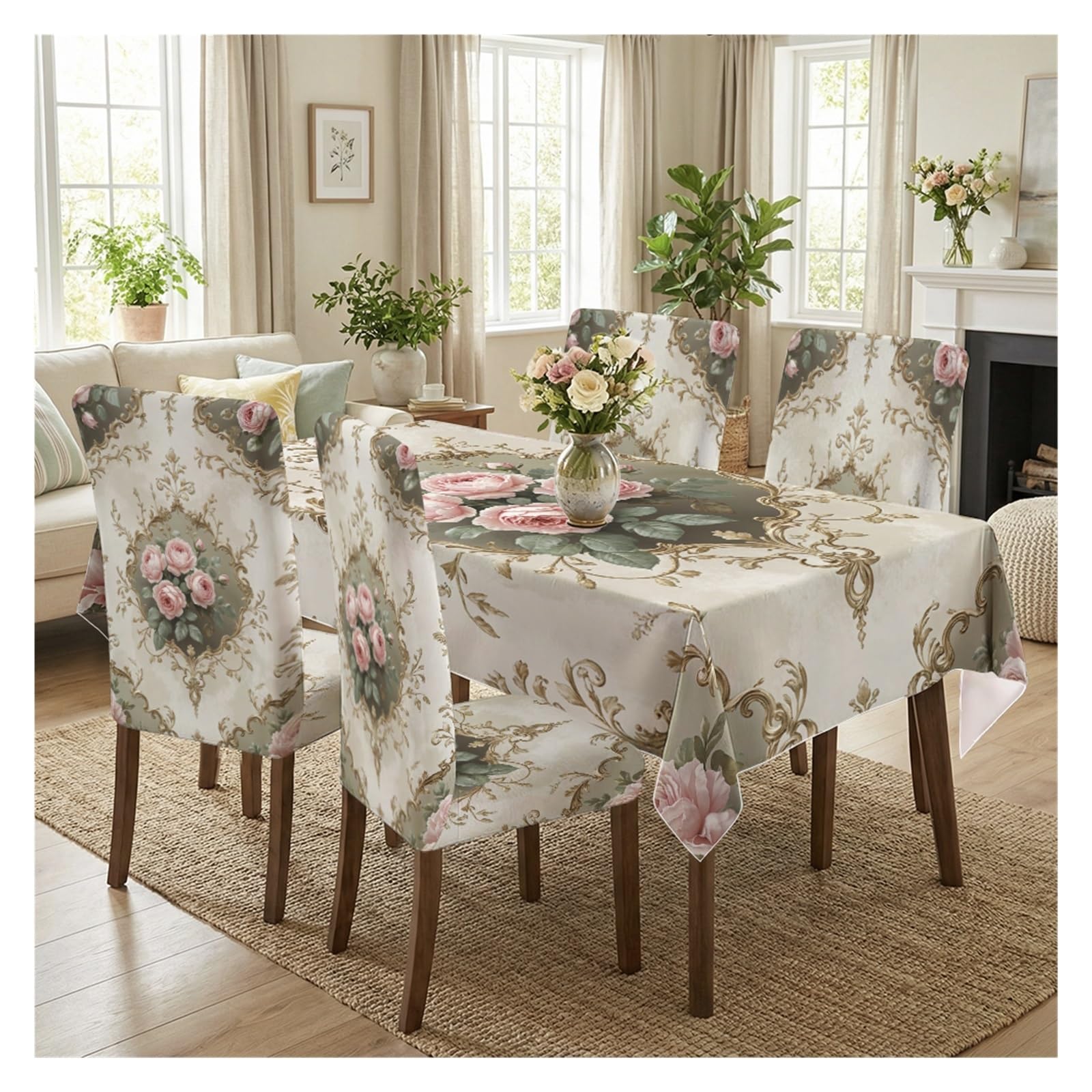 KXUAUV Vintage Pink Rose Gold Damask Floral Printed Dining Tablecloth & Chair Covers Set, 5/7 Piece Elegant Baroque Farmhouse Dining Room Home Decor Party Decor(5pcs Set: Tablecloth+Chair Covers)