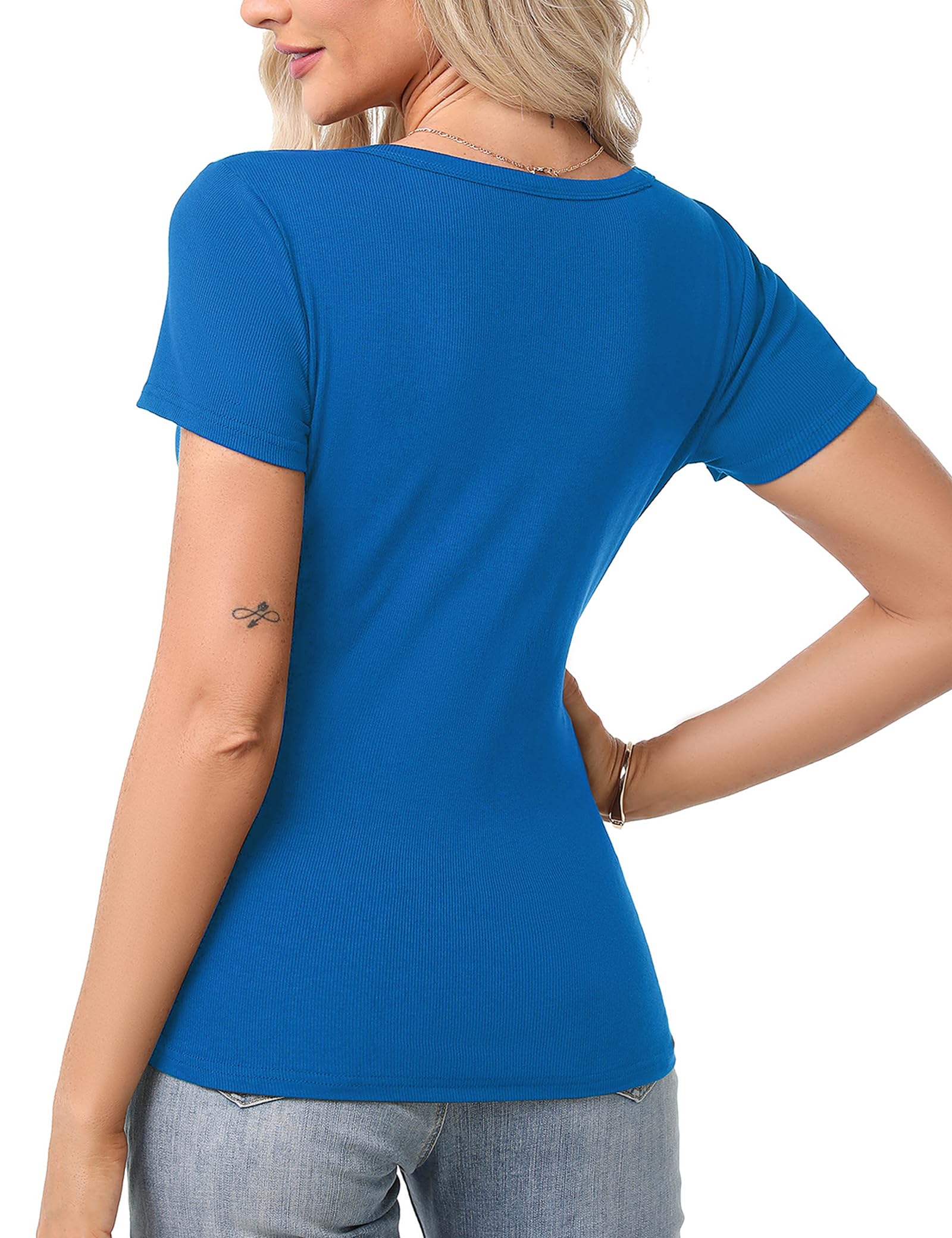 Aottori Camiseta Manga Corta Mujer Verano Cuello V Basica Top Elegantes Punto Canalé Casual T Shirt Elástico Ajustado Sólido Ligero Túnica