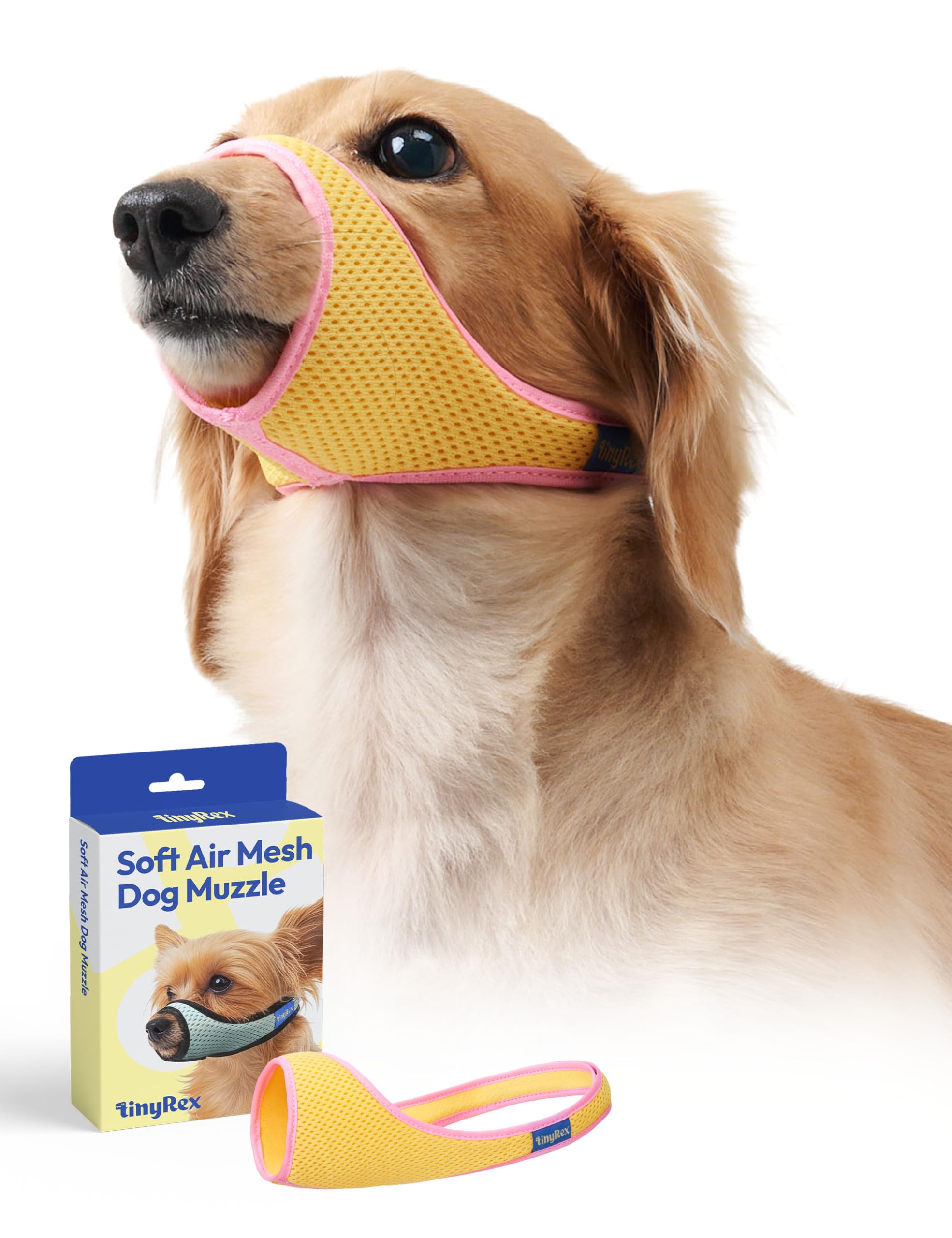 TinyRex Dog Muzzle, Breathable Mesh Muzzle for Small Medium Sized Dogs, Soft Muzzles to Prevent Biting Barking, Adjustable Comfort Fit, Training and Walking Allows Panting and Drinking(Warm Yellow, 1)