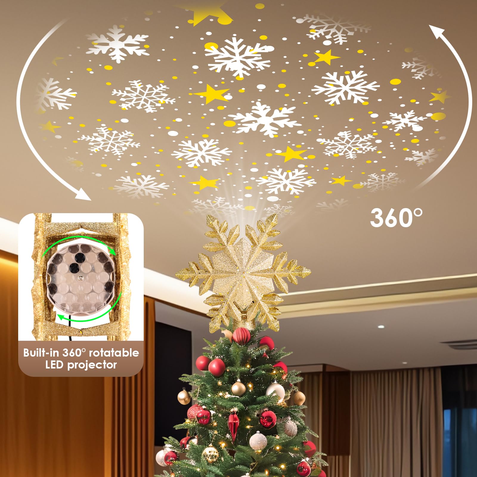 Étoile lumineuse pour cime de sapin de Noël avec projecteur de lumière 6 effets HD, 3D pailleté doré, projecteur de lumières d'intérieur pour décoration de sapin de Noël