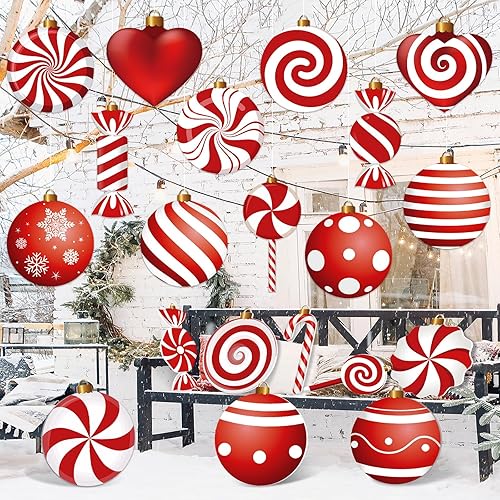 20 letreros navideños para patio, de doble cara, adornos colgantes de caramelo de menta de Navidad, decoraciones de patio grandes, decoraciones de