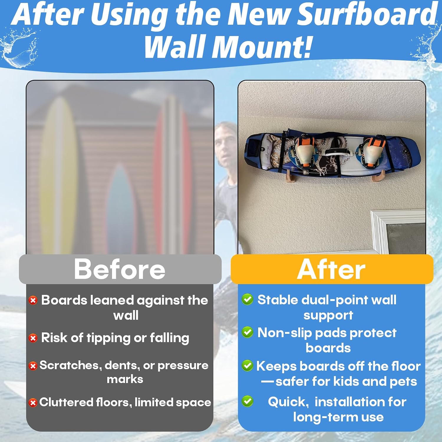 Surfboard Wall Mount Rack (1 Pair), Solid Wood Surfboard Holder for Wall Storage, Non-Slip Surf Board Wall Mounts for Longboard, Shortboard, Skimboard, Snowboard & Skateboard, Indoor & Outdoor Use