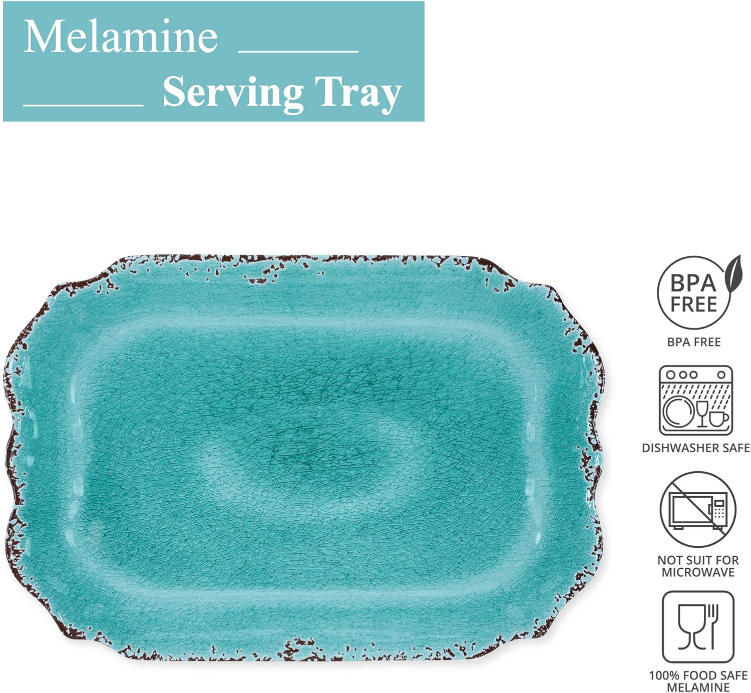 Supreme Housewares Crackle Melamine Serving Tray, BPA-Free Rustic Rectangular Platter for Appetizers, Cheese, Fruit or Entertaining, 20 x 13.5 Inch, Turquoise