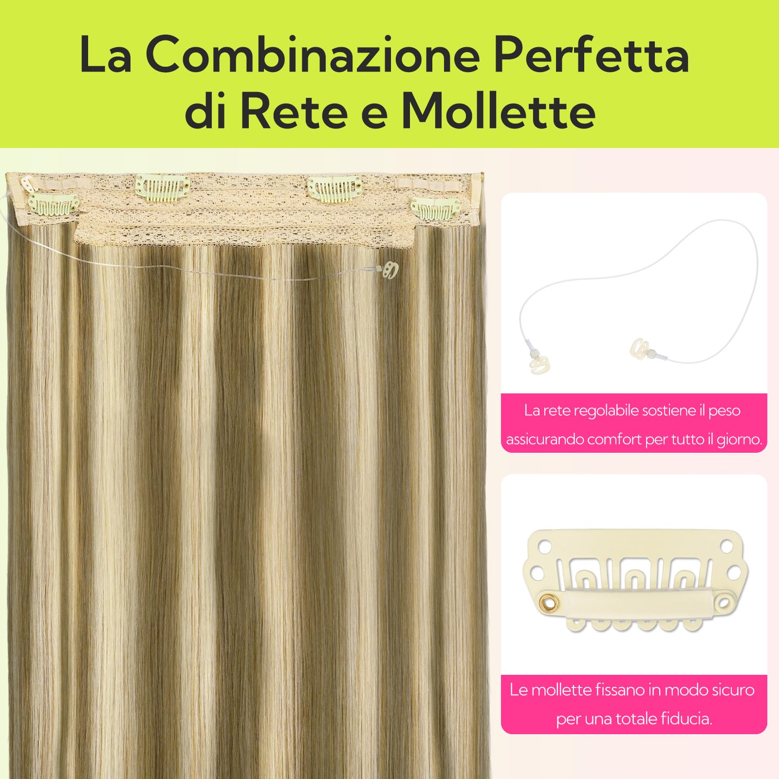 hotbanana Secret - Extension per capelli veri, 40 cm, 95 g, capelli Remy, con filo invisibile, filo segreto, extension per capelli veri, ciocche bionde dorate