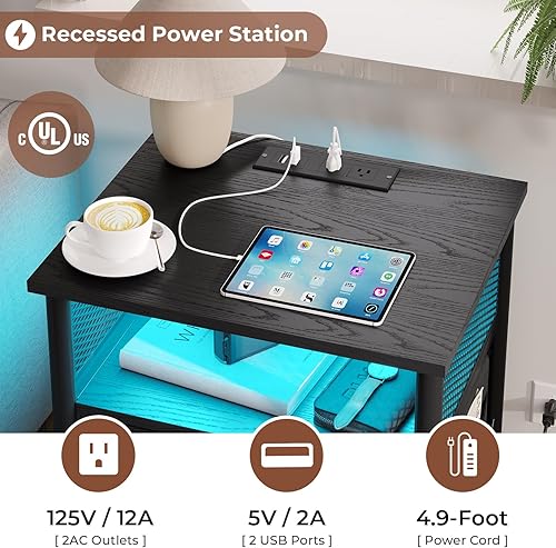 Miniatura 4 de MSmask Mesita de noche LED con estación de carga, mesita de noche LED negra con cajones, mesita de noche industrial con puertos USB y tomas, mesa