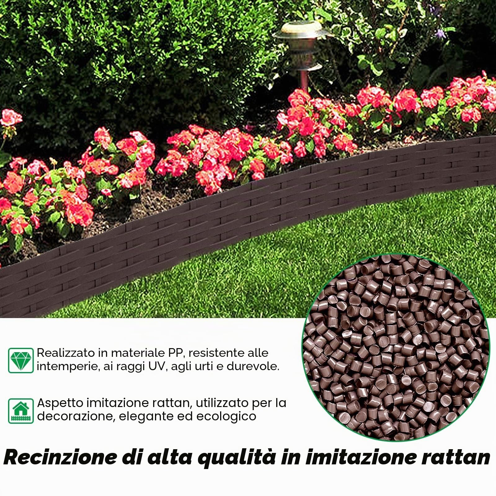 LZQ Bordo per aiuole, 10 m, rotondo, in plastica, con 10 elementi da 1 m, colore marrone