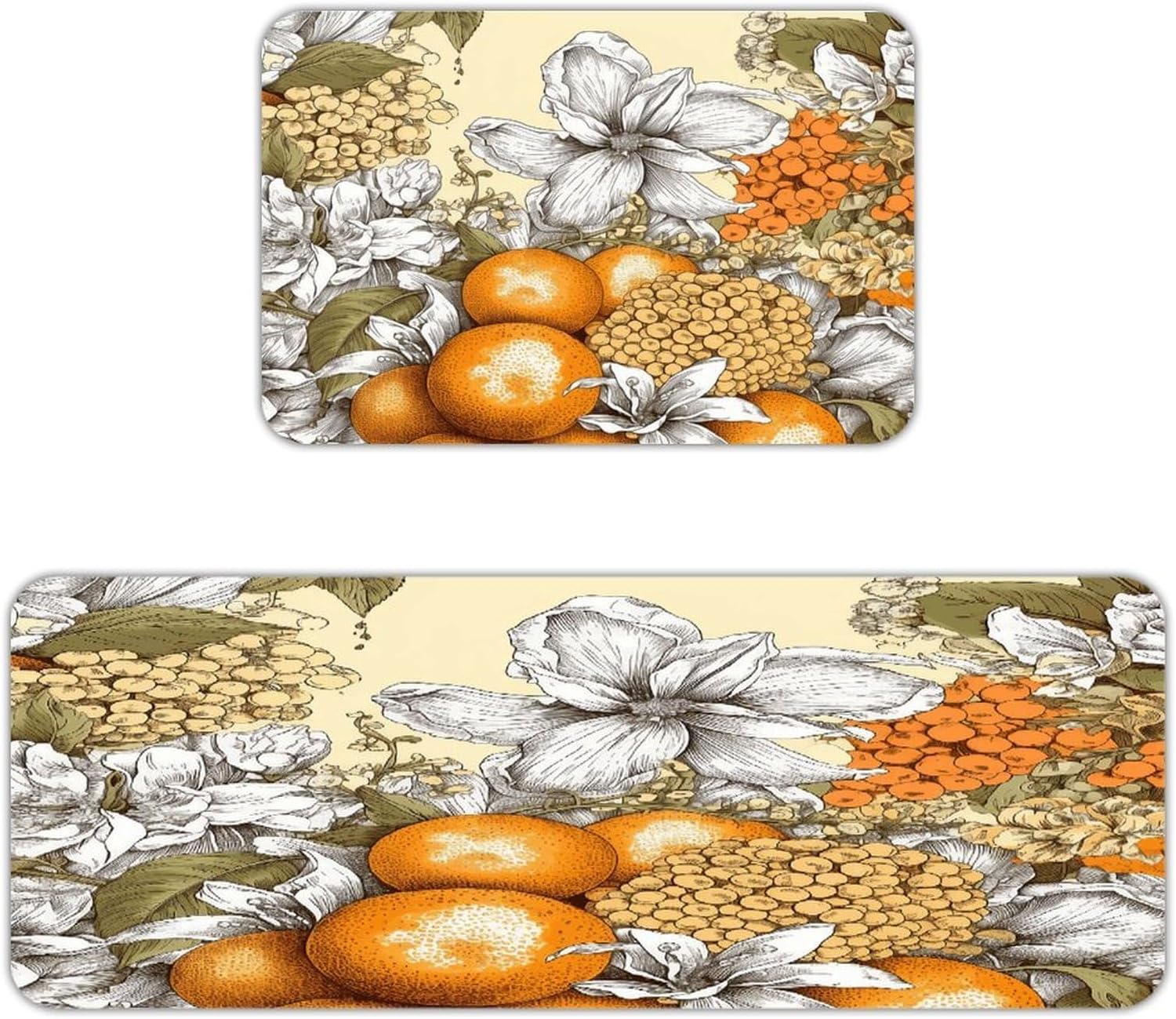 Fresh Fruit Flowers Kitchen Mats with 2PCS Non-Slip Washable,Kitchen Rug Heavy Duty Durable, Floor Mats for Kitchen,Office,Sink,Laundry