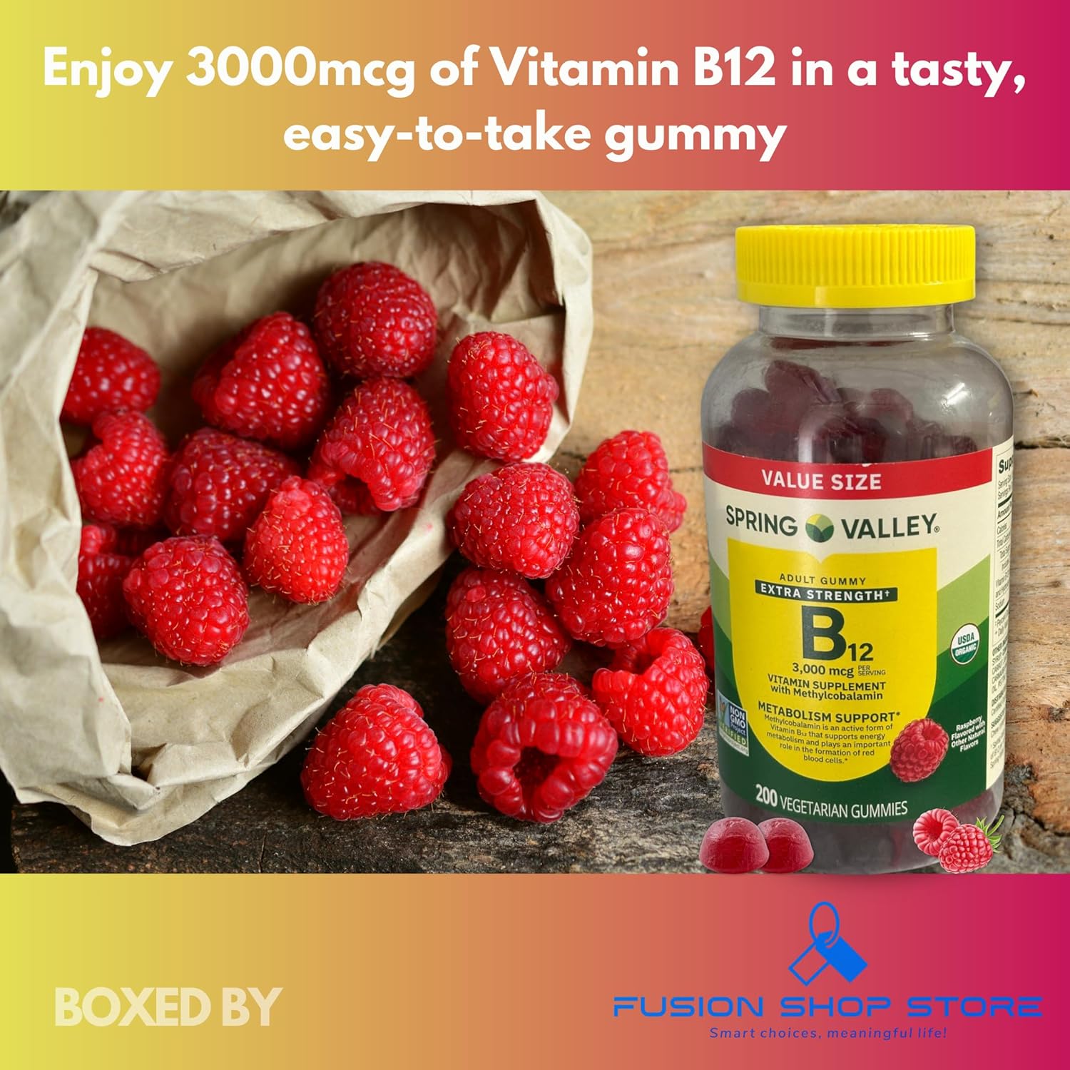 Vitamin B12 Gummies Raspberry Flavor- Extra Strength 3000 mcg, Vegetarian 200 Count (Pack of 1), Boxed by Fusion Shop Store