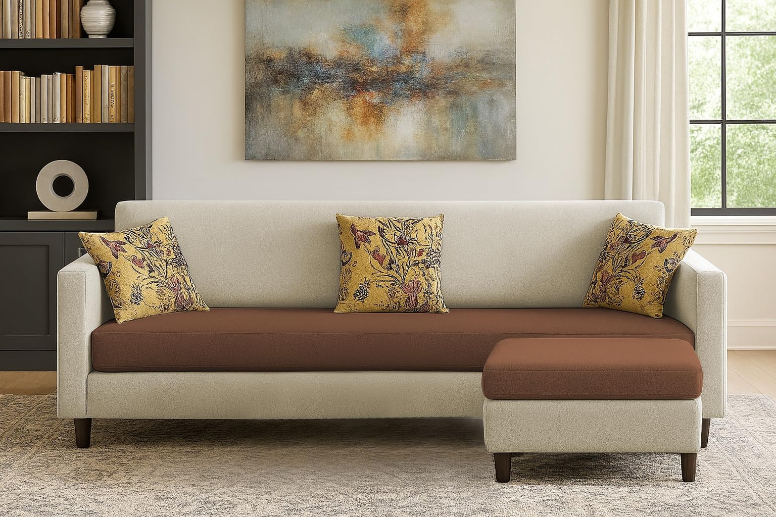 Premium Lifestyle Fabric 5 Seater L Shape Sofa Set 4 Seater Modern Sofa Set & Ottoman for Living Room (Cream Brown Color)-image-44