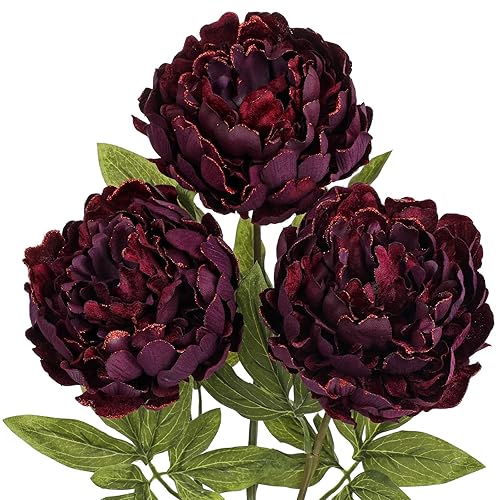 Briful 3PCS Burgundy Peony Artificial Flower Stems 29.1in Long Stem