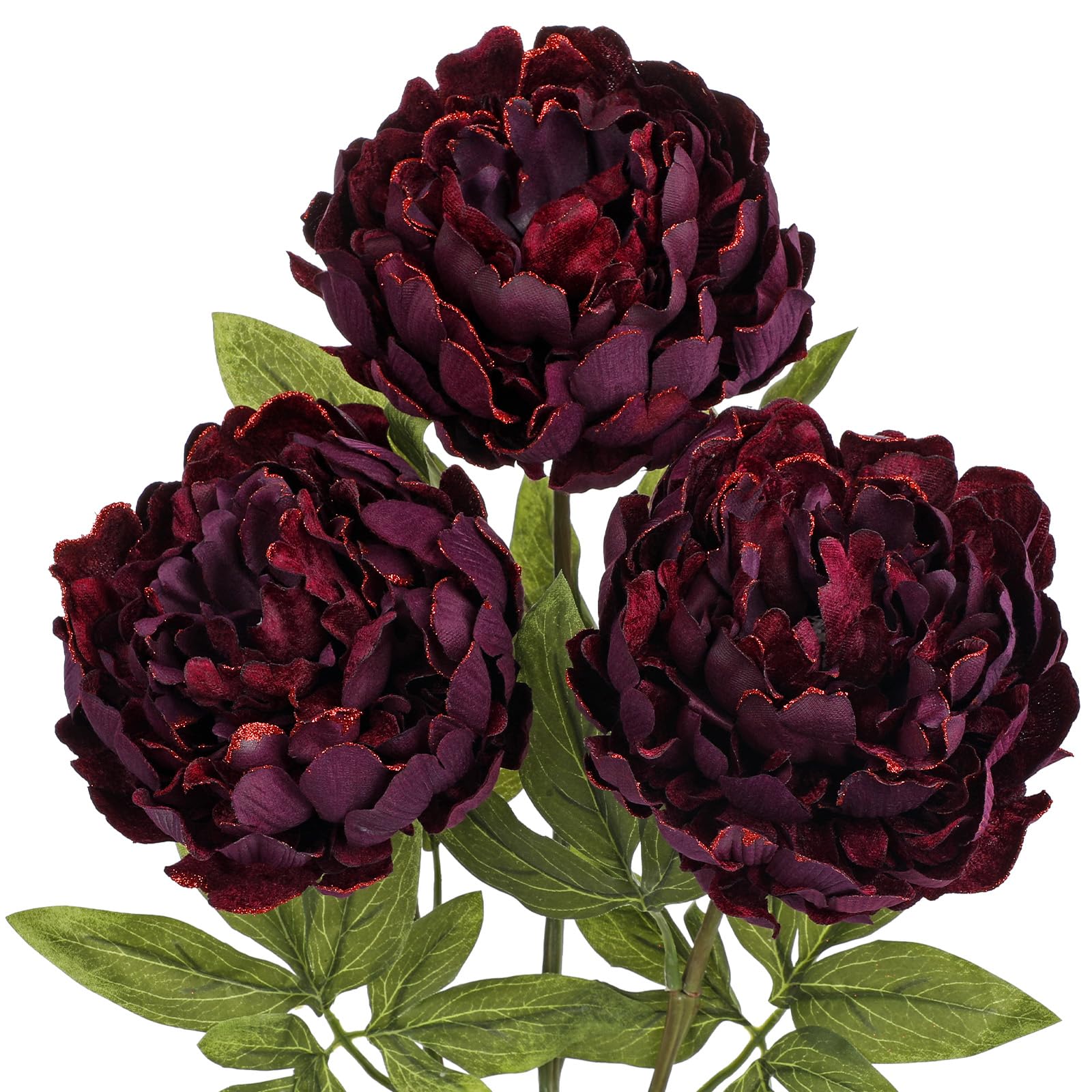 Hollyone 5" Glittery Artificial Peony with 29'' Long Stem, 3PCS Large Christmas Flowers for Tree Decorations, Deep Purple Floral Decor, Silk Flowers for Home, Living Room, Centerpiece, Xmas Wreath