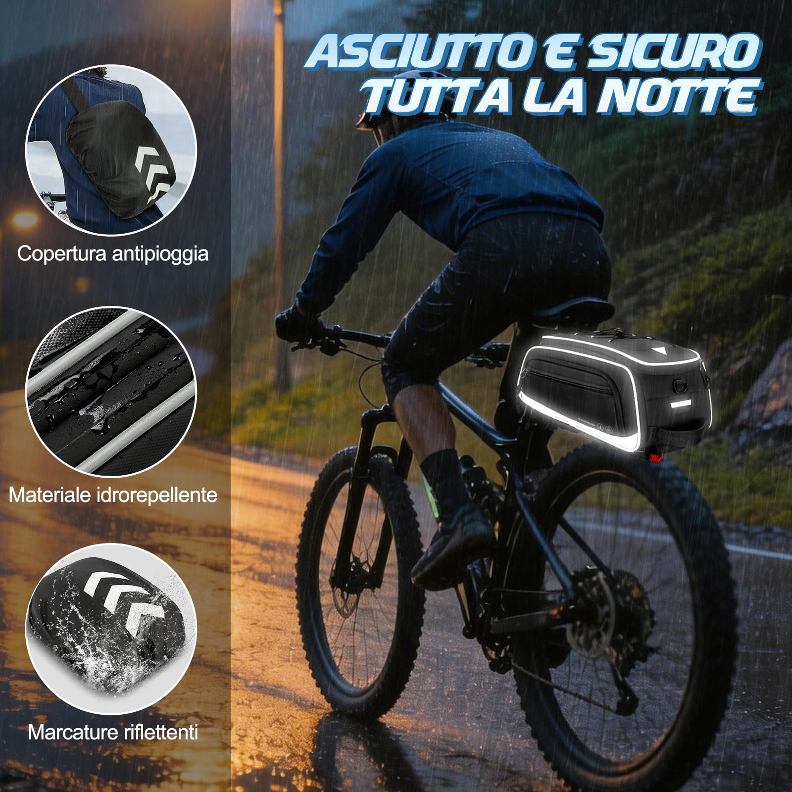 RAINSMORE Borsa Bici Posteriore 15L-23L Espandibile, Borsa Portapacchi Bici Impermeabile e Riflettente con Copertura Antipioggia e Tracolla, Bici per MTB, E-Bike e City Bike Nero