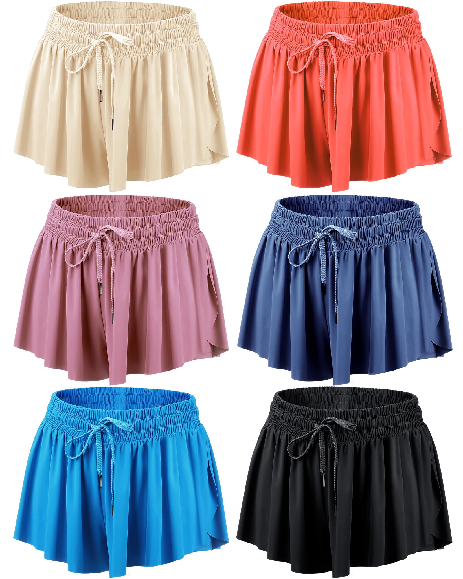 Didaey 6 Pcs 2 in 1 Flowy Running Shorts with Pockets Butterfly Gym Shorts Summer Women Workout Yoga