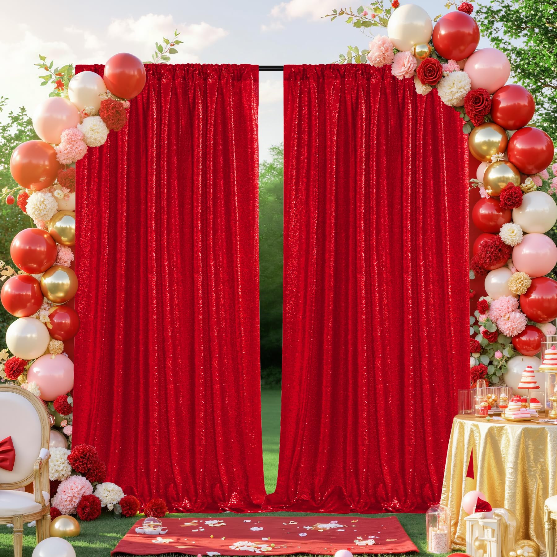 Rouge Fond Photo Toile de Fond Photo à Paillettes 60 x 240 cm, Lot de 2 Fond Photo Fête pour Fête Mariages Photos Toile de Fond d’Anniversaire Décoration Scintillante de Fête