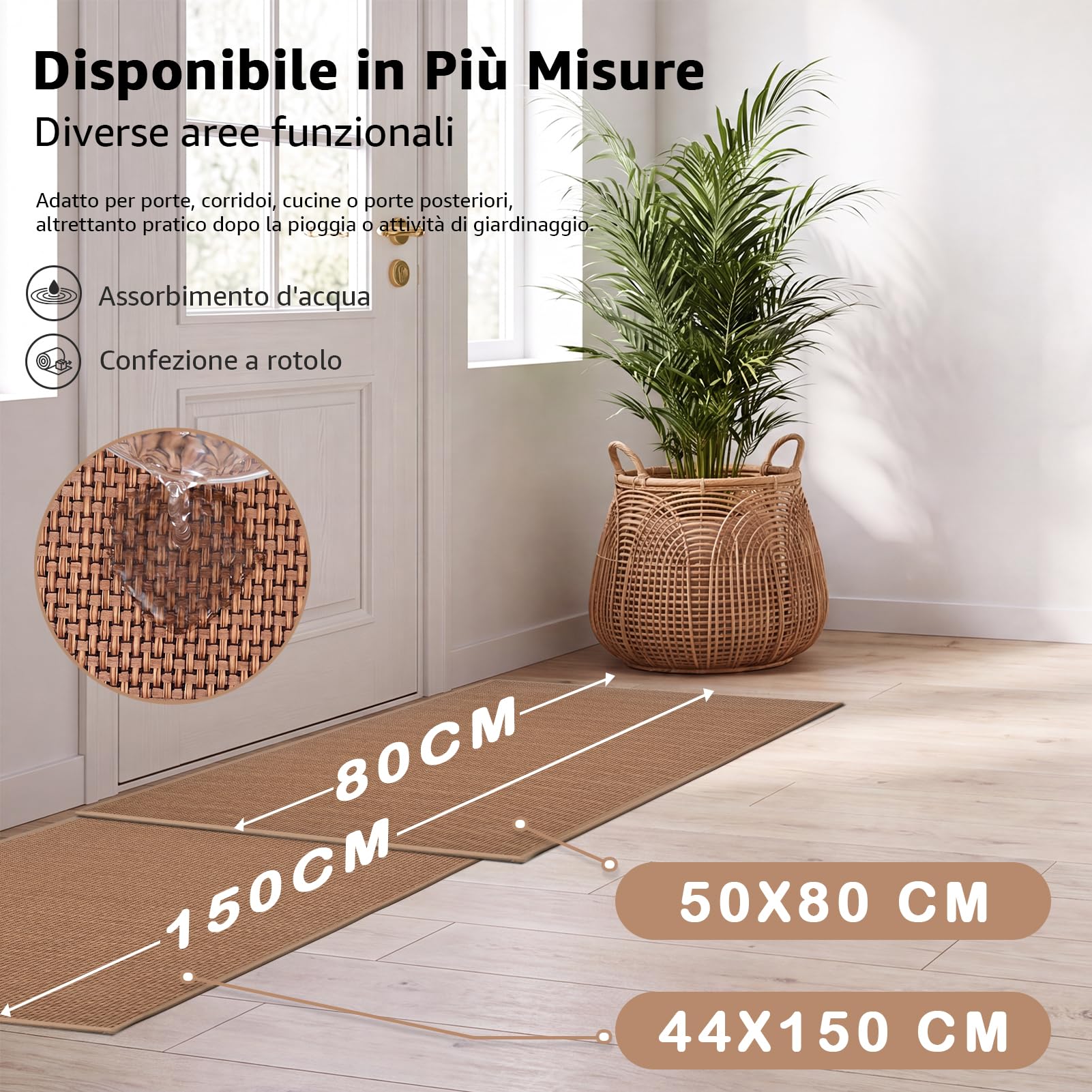 Zerbino 44x150cm, Passatoia da Cucina Antimacchia, Tappeto Corridoio | Gomma Antiscivolo, Tappetino per Pavimenti in Piastrelle e Legno, Porta D'Ingresso, Ingresso, Cucina, Bagno, Lavanderia