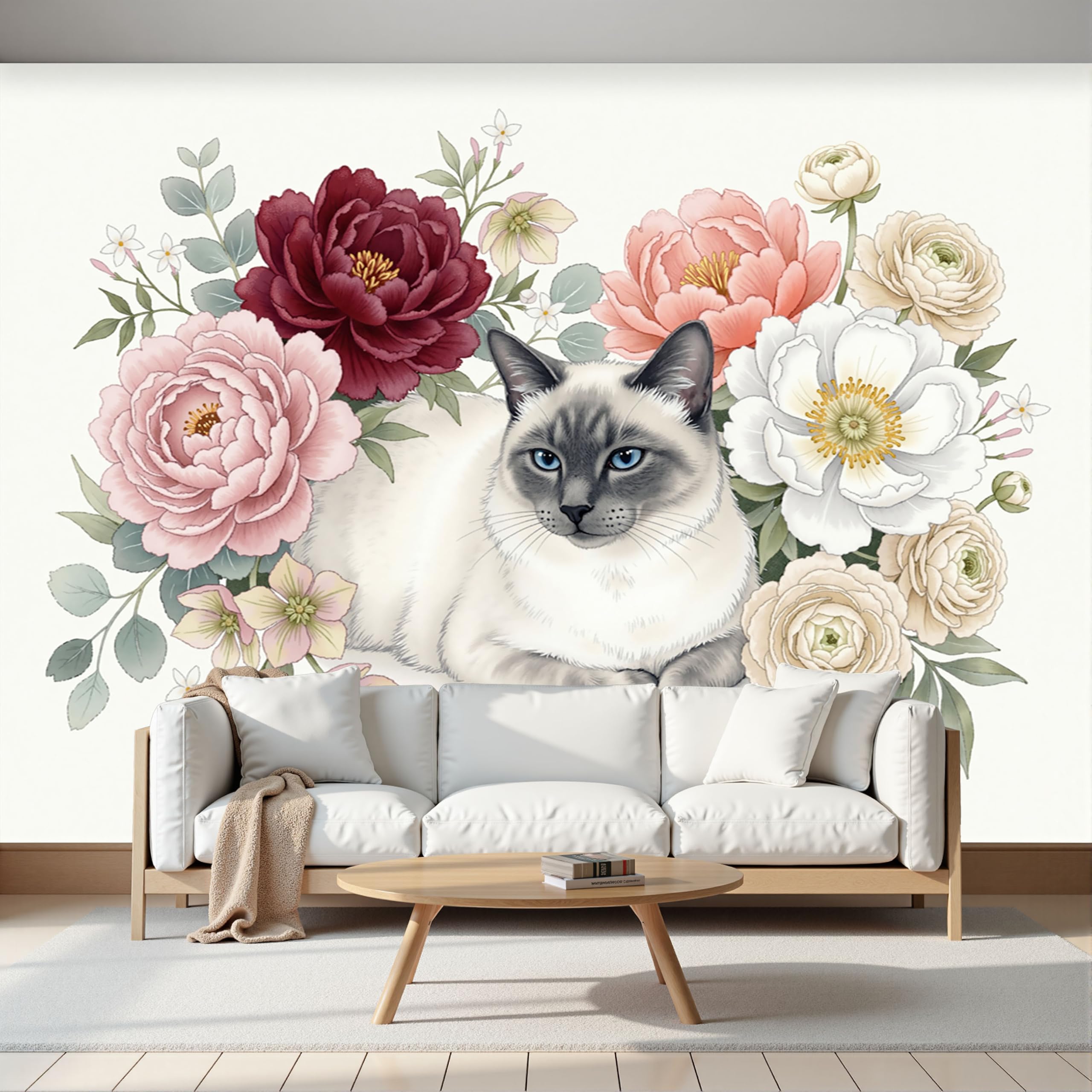 Papier peint soie panoramique haut de gamme poster géant chat siamois pivoine