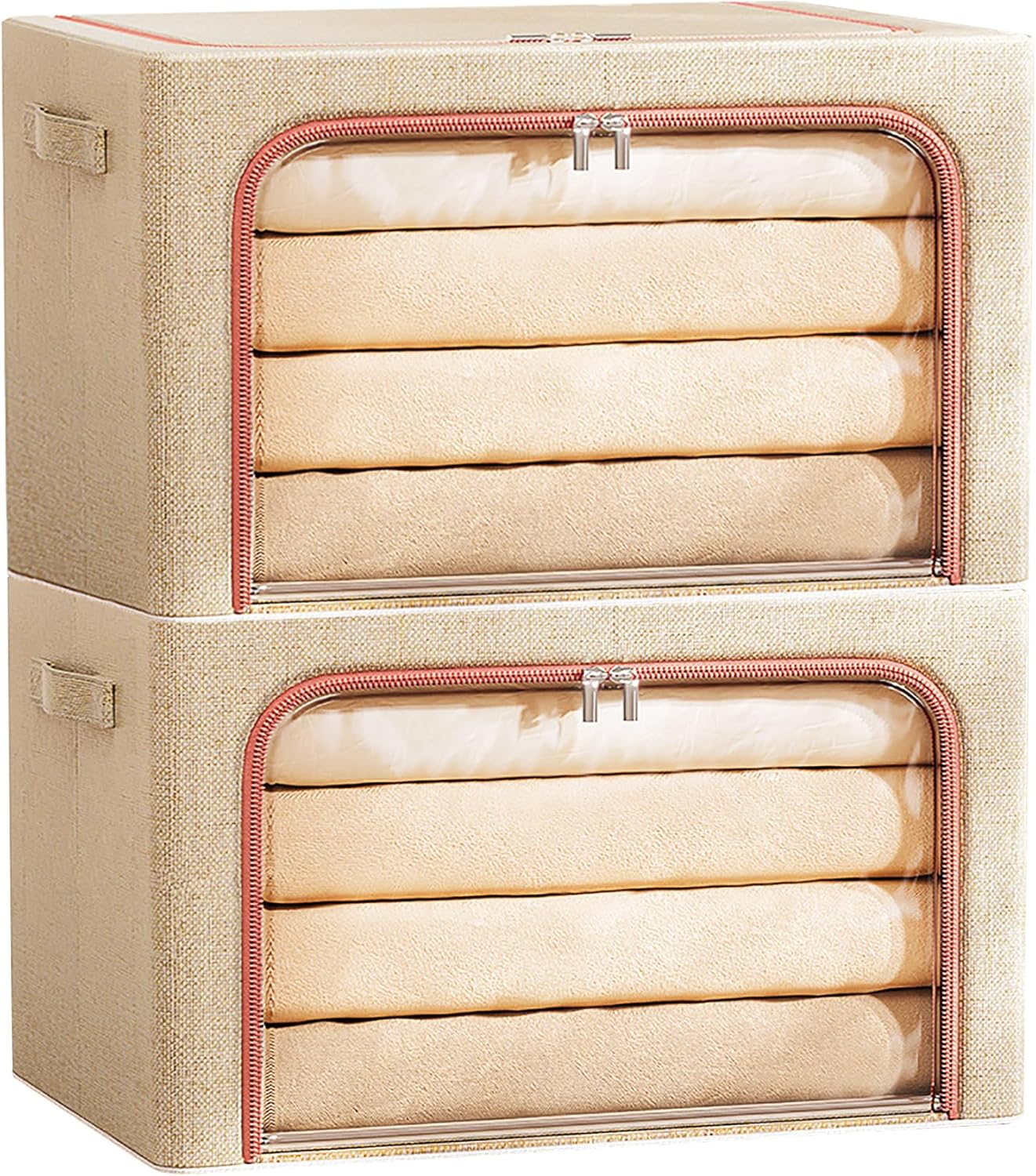 Waterproof Storage Bins Stackable Foldable Steel Frame storage Boxes with Reinforced Handle Thick Fabric for Comforters Iron bracket Blankets Bedding Foldable with Sturdy Zipper Clear Window Pack Of 2