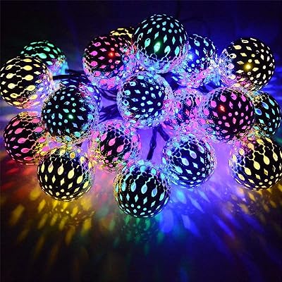 21.3Ft 30 LEDs Moroccan Globe String Lights Multicolor Outdoor 30 Big Silver Metal Balls Fairy Lights Solar Powered Wedding Lights, Bedroom Window Garden Patio Decorations