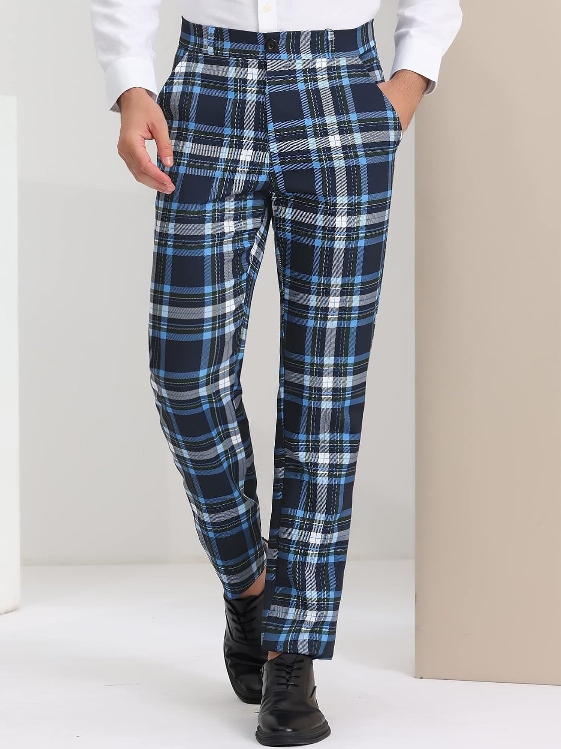 Lars Amadeus Men's Plaid Pants Regular Fit Flat Front Classic Elastic Waist Suit Pants