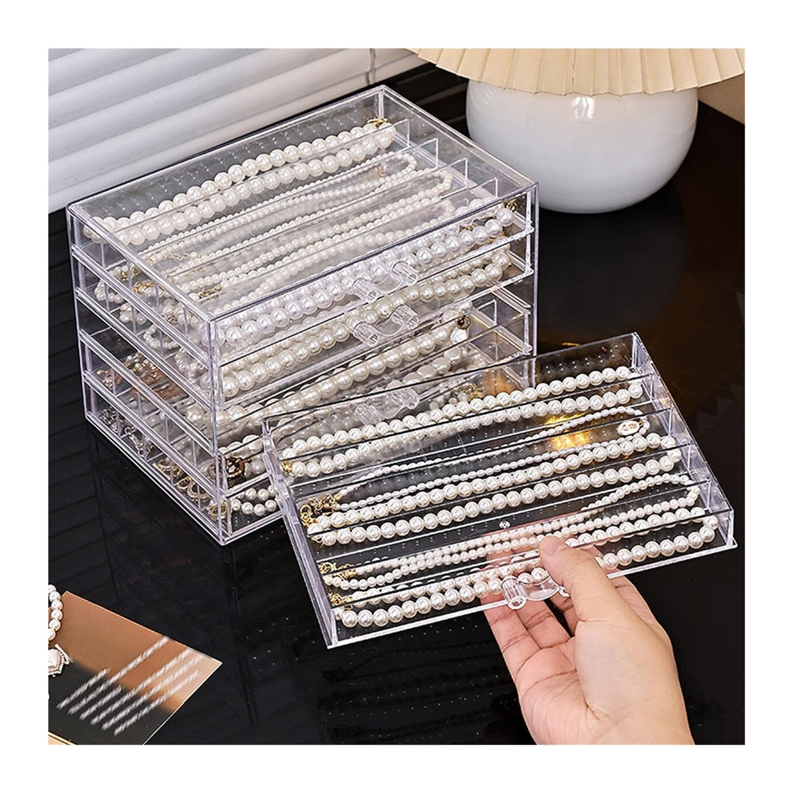 Boîte de rangement transparente for colliers, plateau à bijoux, vitrine | 1 tiroir de rangement transparent for colliers, bagues et accessoires, adapté aux femmes.(5 layers - 25 grids)