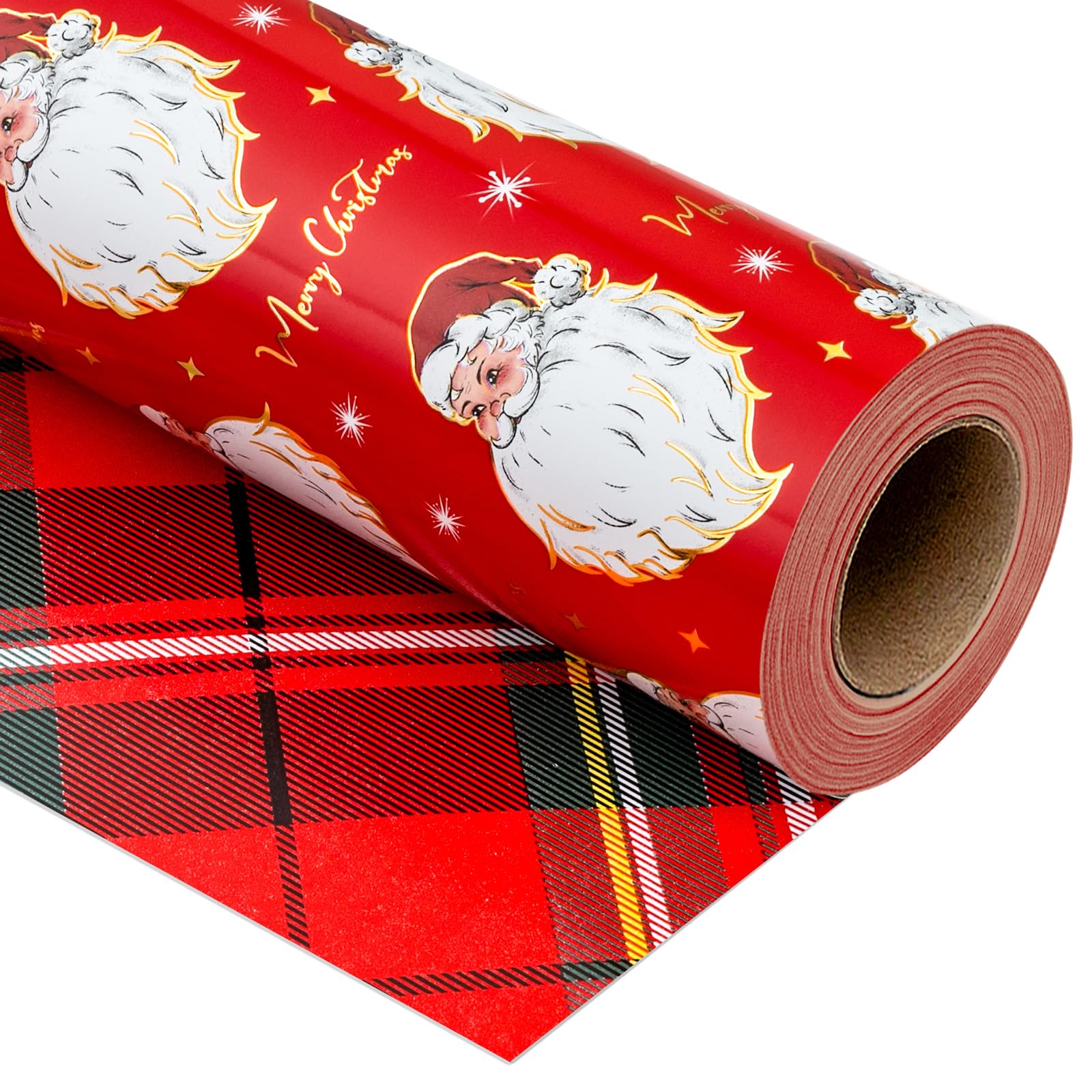 Yarcony Red Christmas Wrapping Paper Roll, Santa Wrapping Paper, Retro Classic Red Santa Claus, Stewart Tartan Plaid Christmas Gift Wrap Sheets for Winter Holiday, Festive Decor (17 Inch X 33 Feet) — image 1