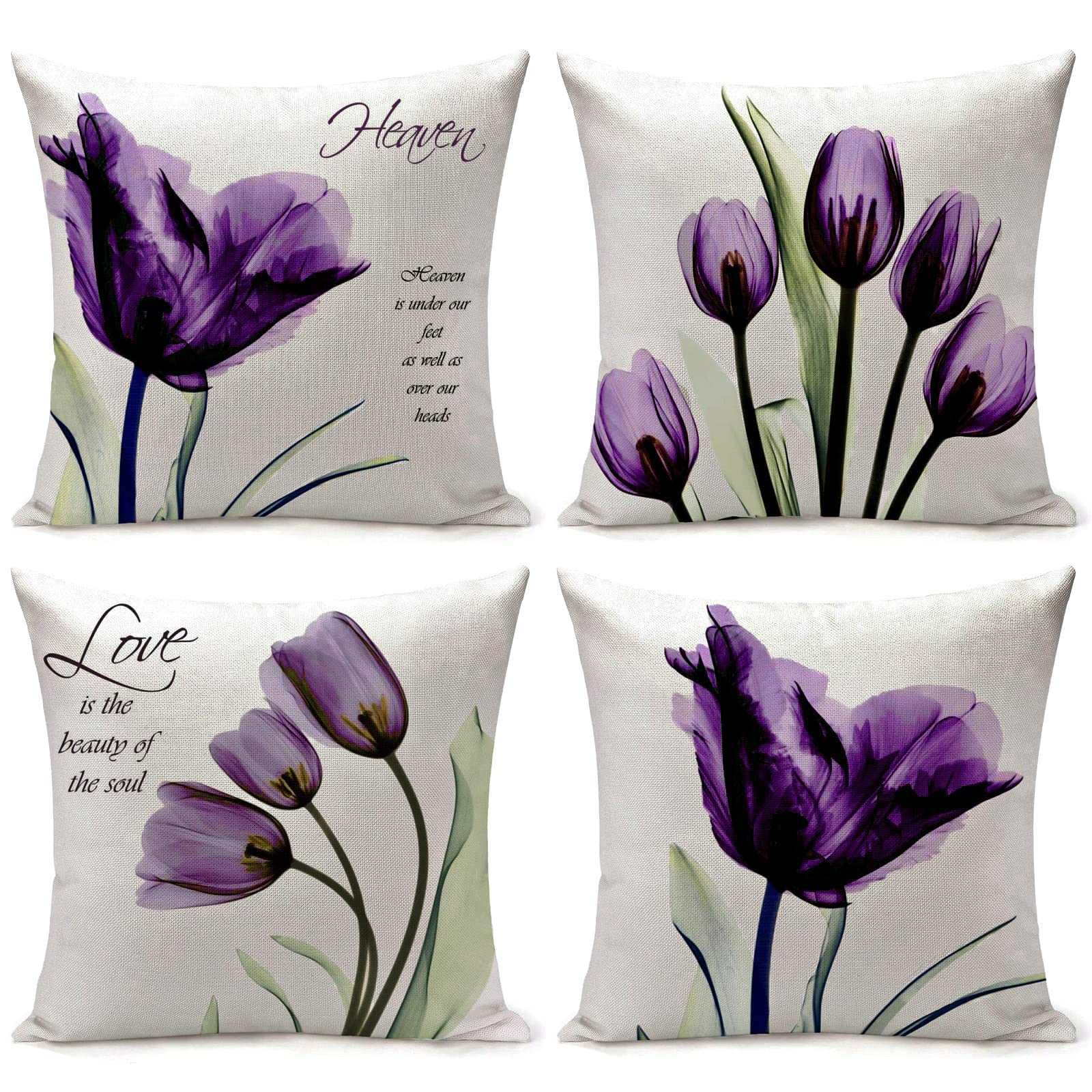 DELFINO Cushion Covers Throw Pillow Covers Set of 4, Purple Flower Pattern for Home Sofa Art Living Room Outside Office Decorative with Durable Thick Linen Square 18 x18 inch 45x45cm