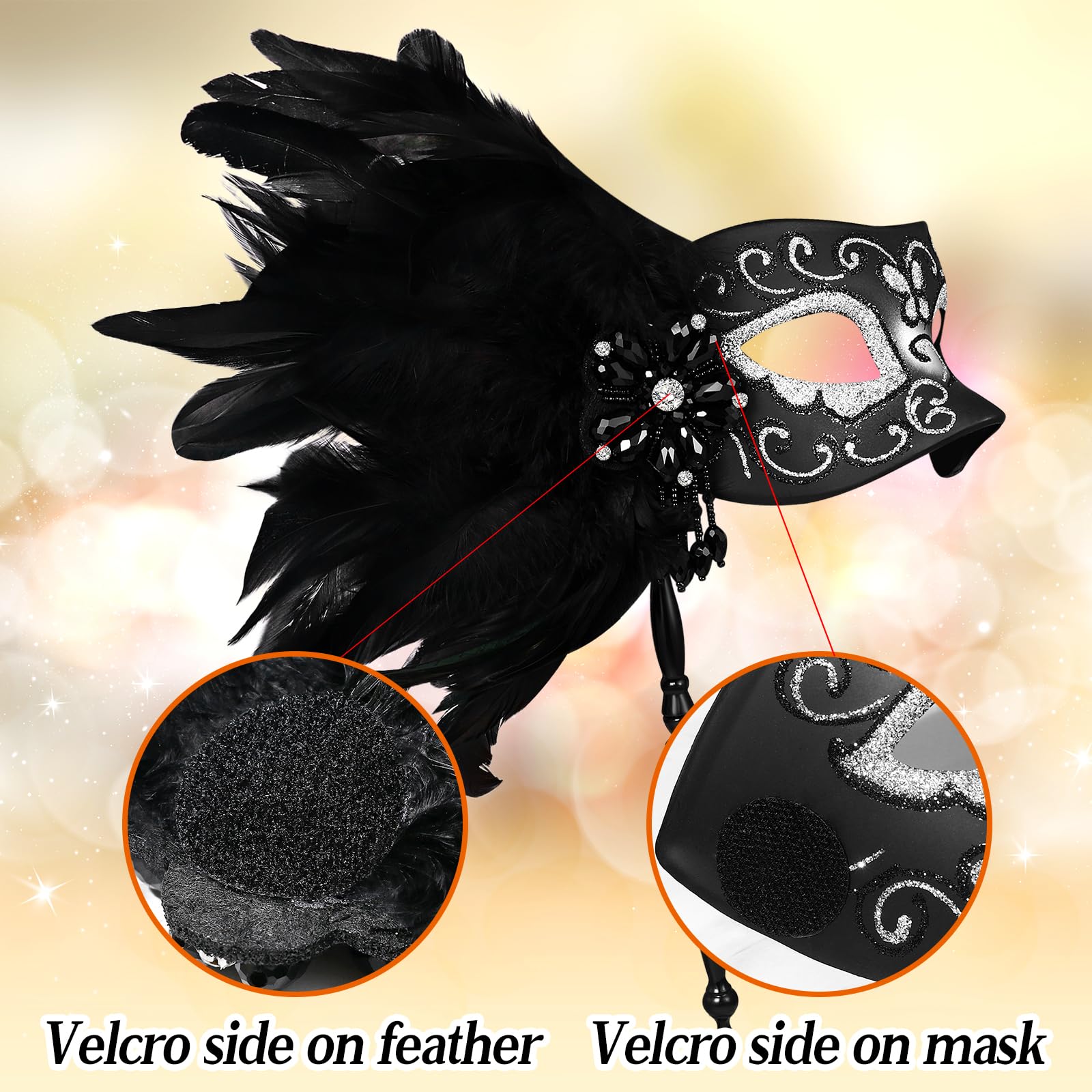 Oidea Masquerade Mask for Women with Stick: Handheld Mardi Gras Mask Women's Feather Prom Party Venetian Mask Shiny Bead Masks Halloween Costume Accessory - Image 4